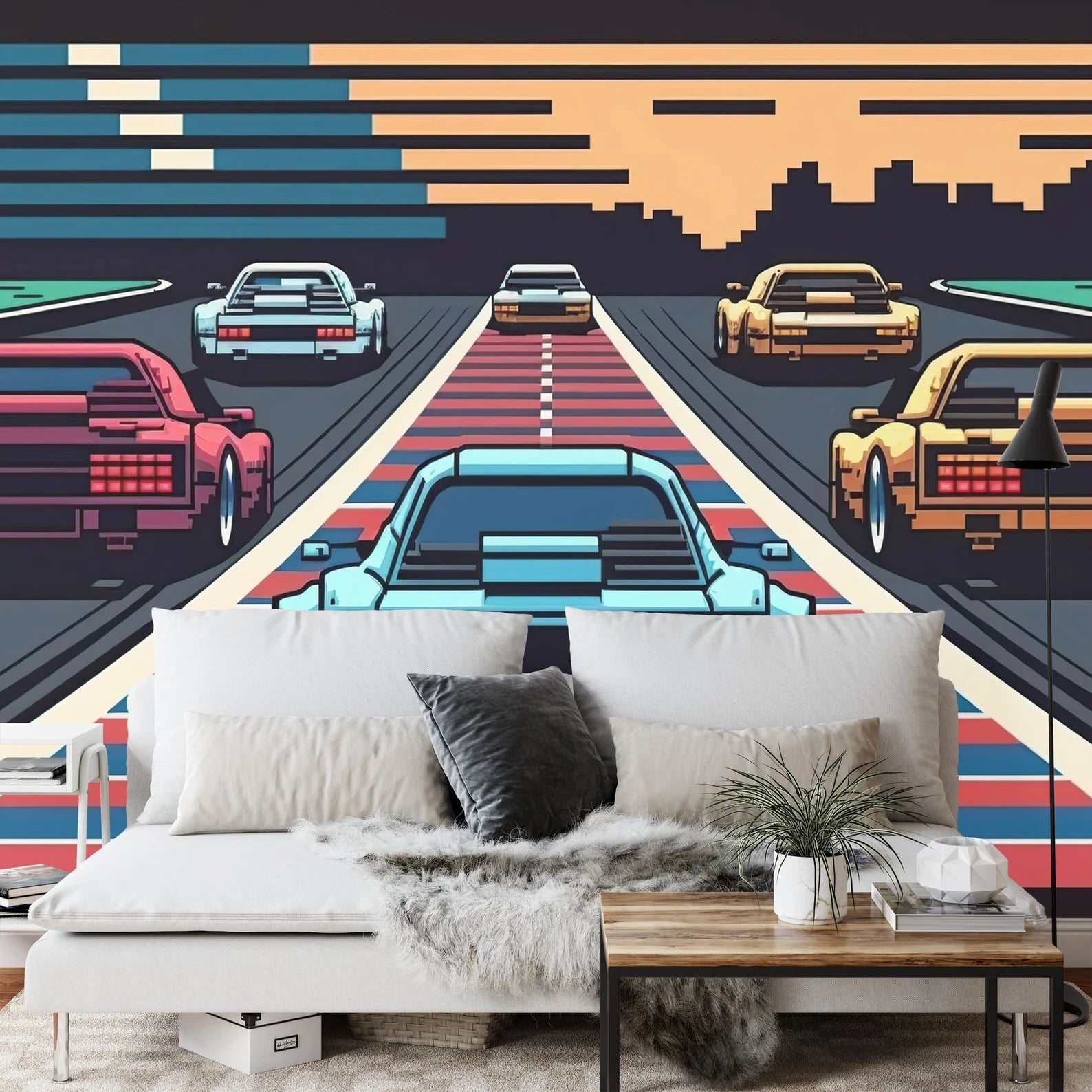 Retro Pixel Art Car Race Wallpaper Mural Gift