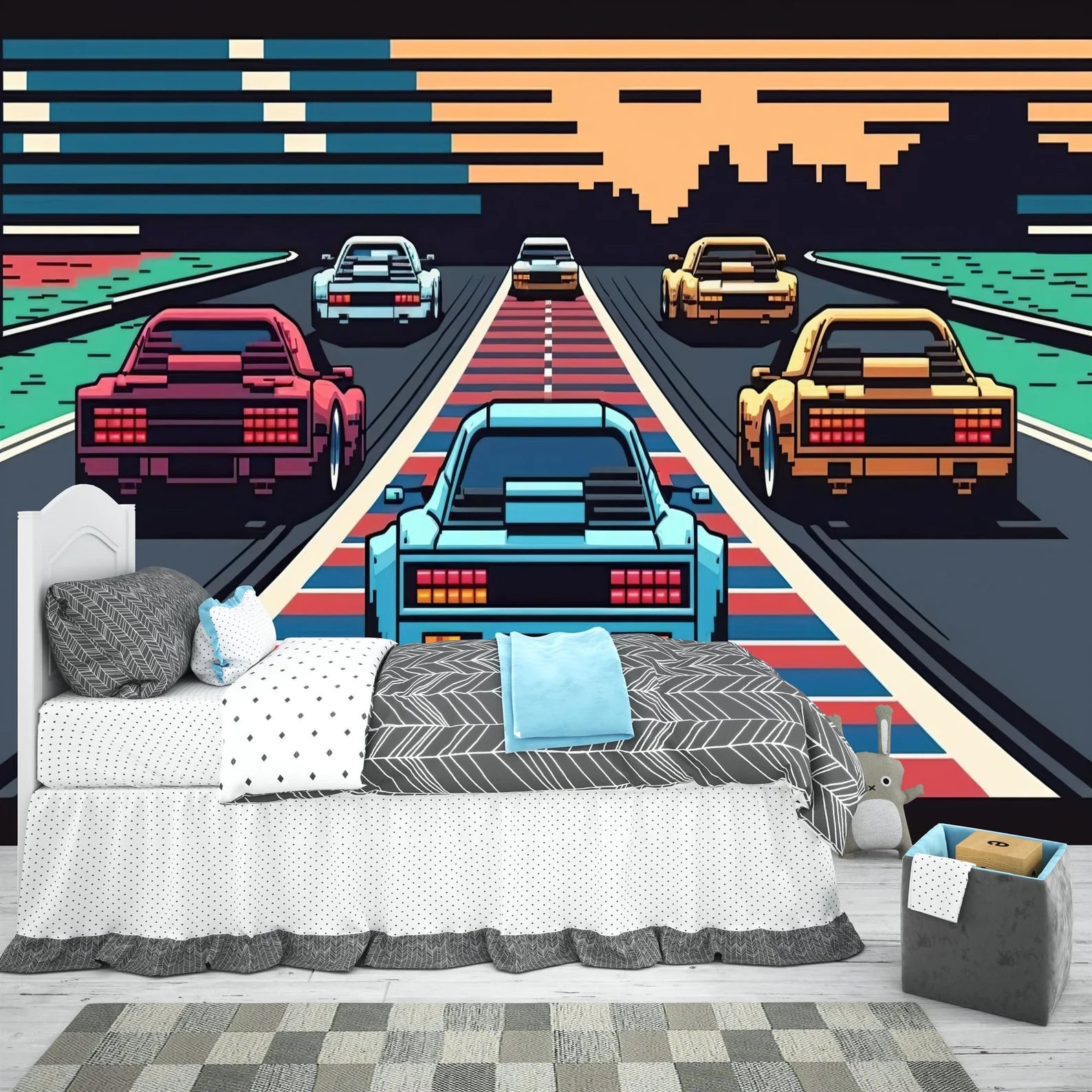 Retro Pixel Art Car Race Wallpaper Mural Gift