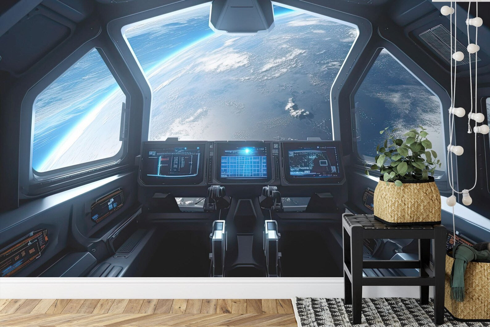 Spaceship Window View Wall Mural, Outer Space Kids Room Decor
