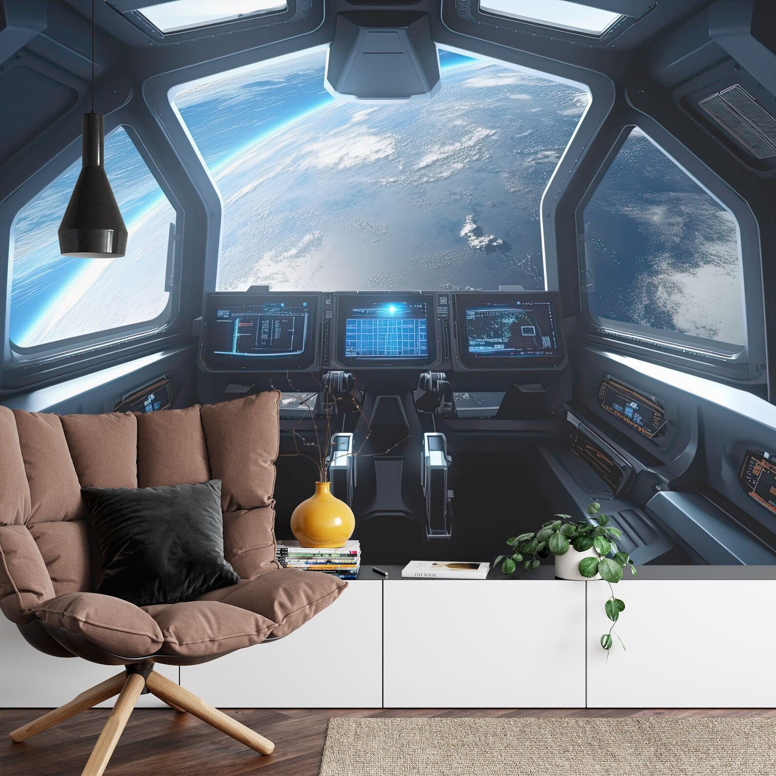 Spaceship Window View Wall Mural, Outer Space Kids Room Decor
