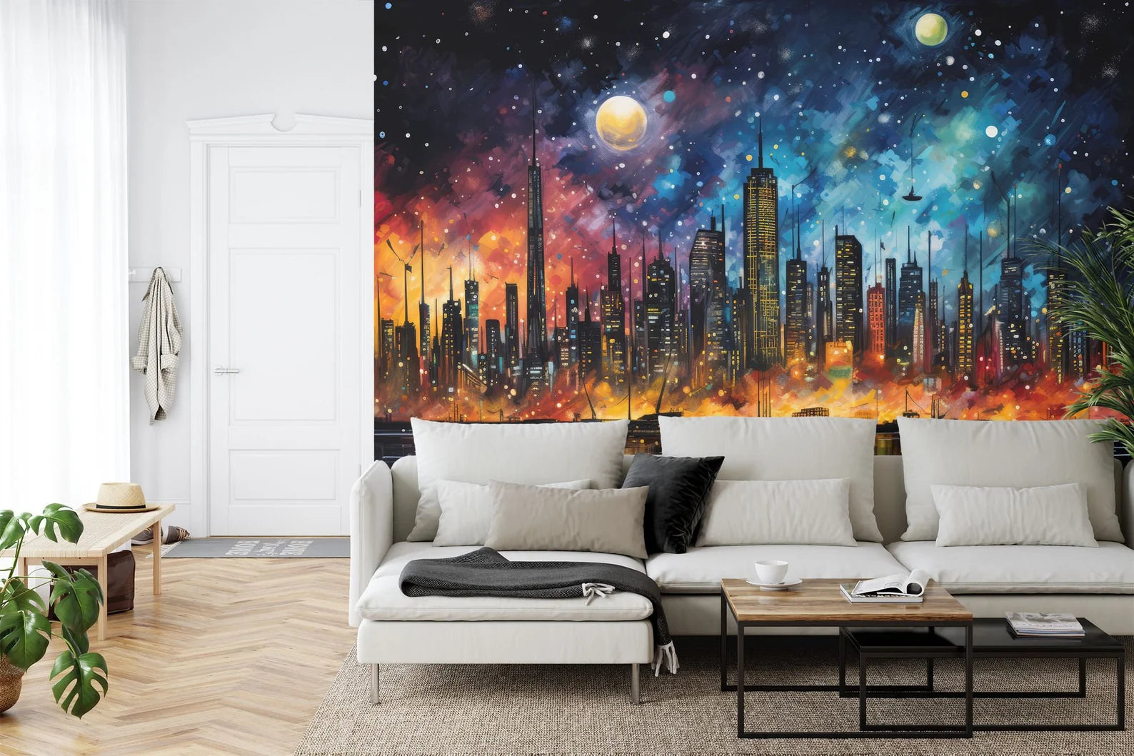 City Skyline Mural, Night Lights Art Print
