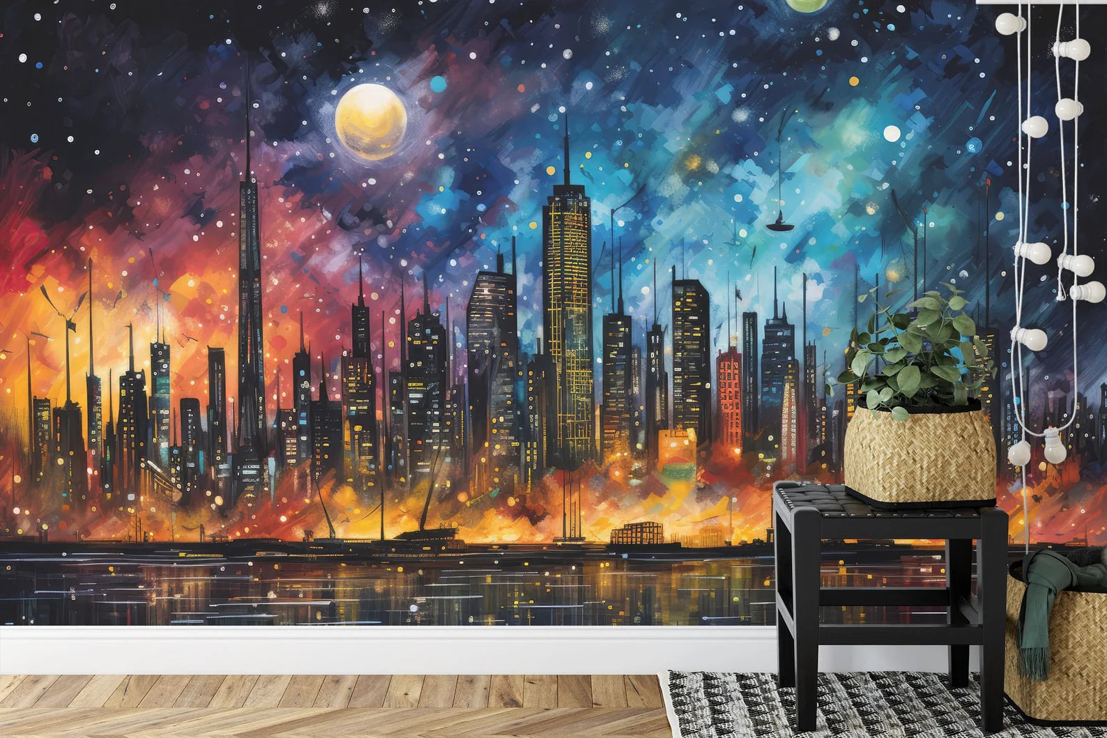 City Skyline Mural, Night Lights Art Print