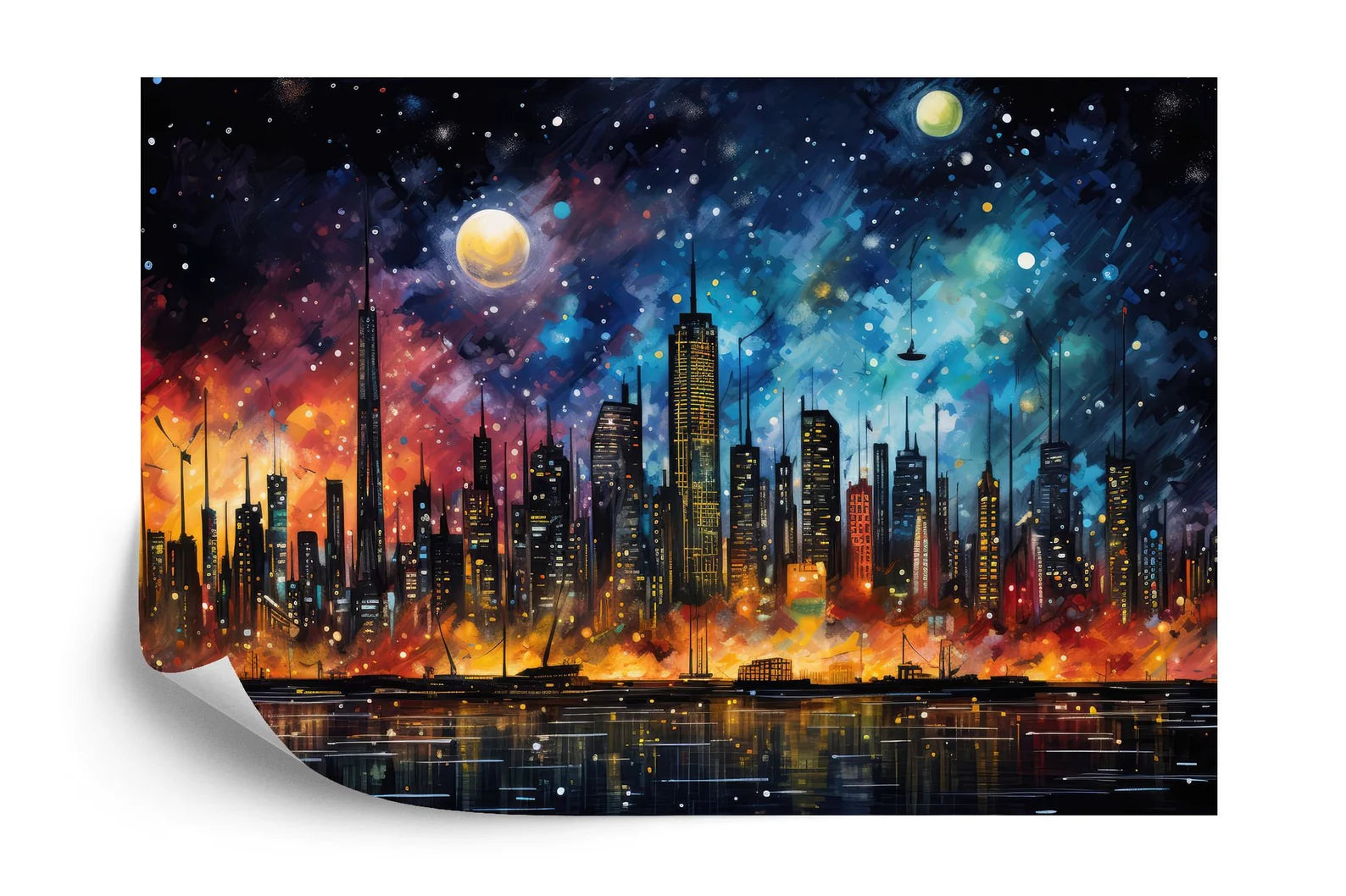 City Skyline Mural, Night Lights Art Print