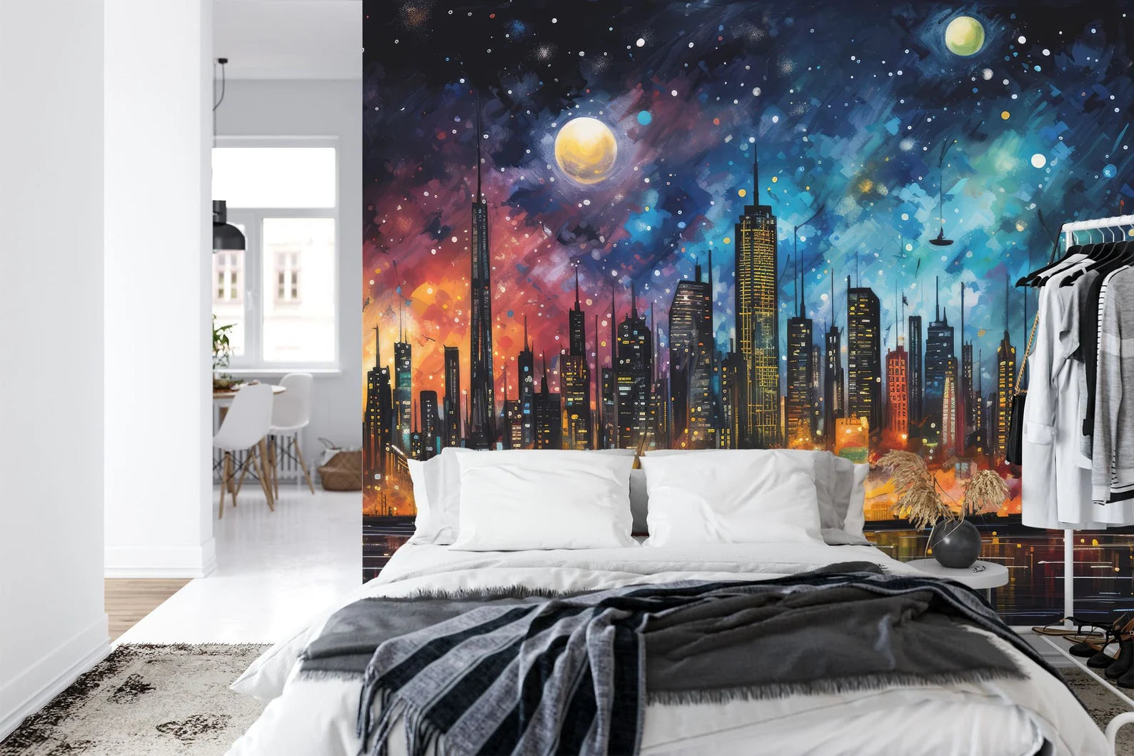 City Skyline Mural, Night Lights Art Print