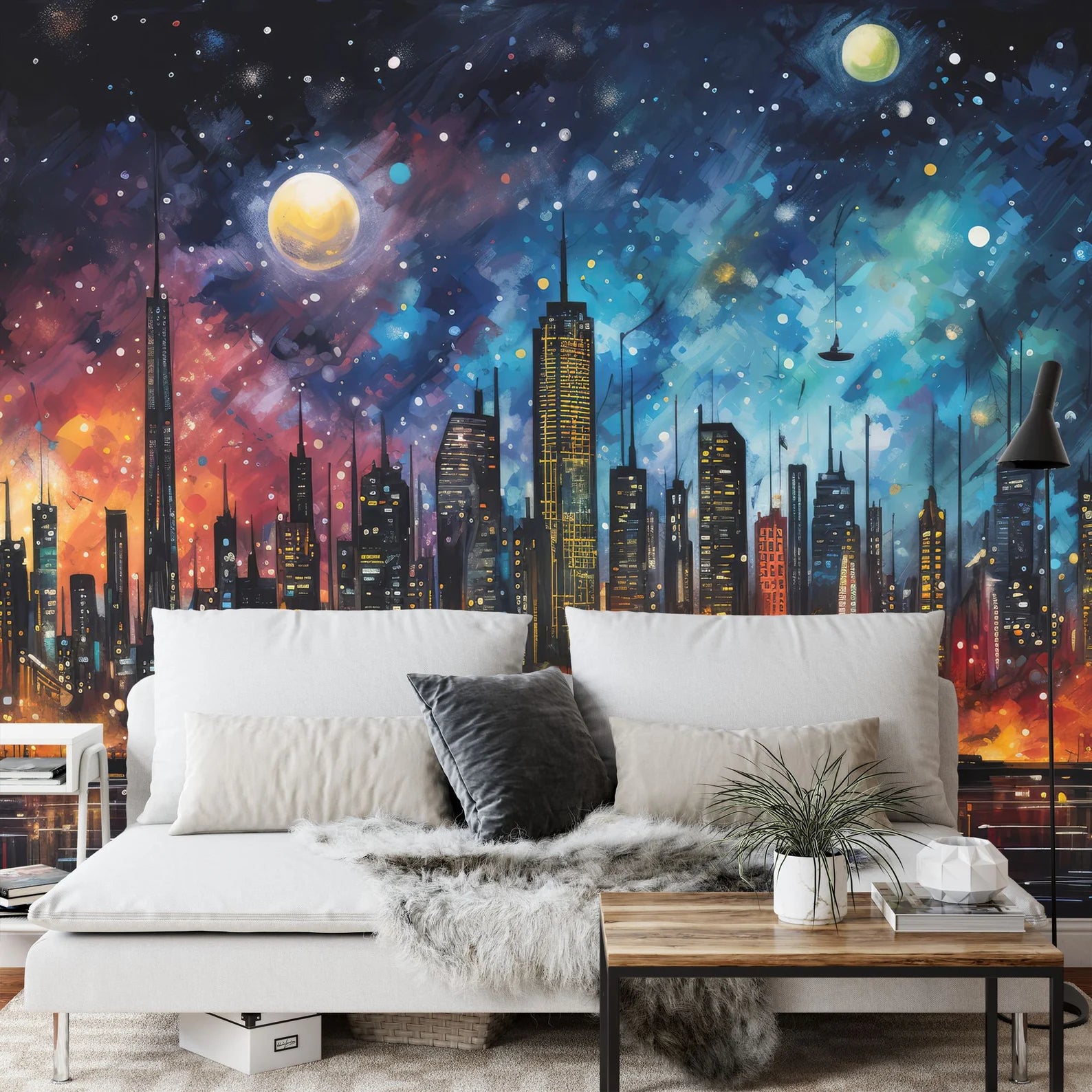 City Skyline Mural, Night Lights Art Print