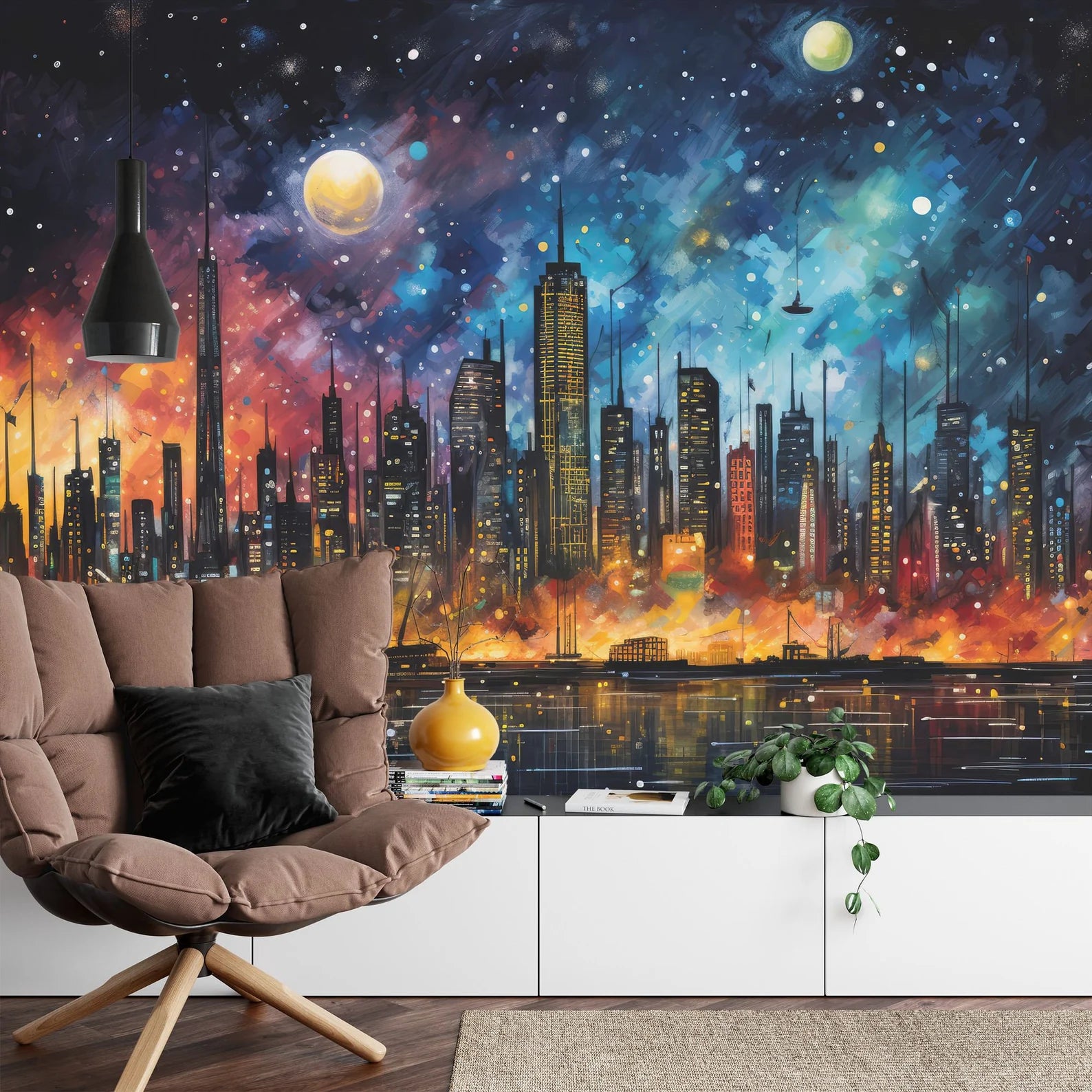 City Skyline Mural, Night Lights Art Print