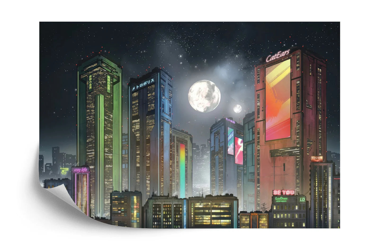 Cyberpunk Cityscape Wallpaper Mural, Futuristic Moon