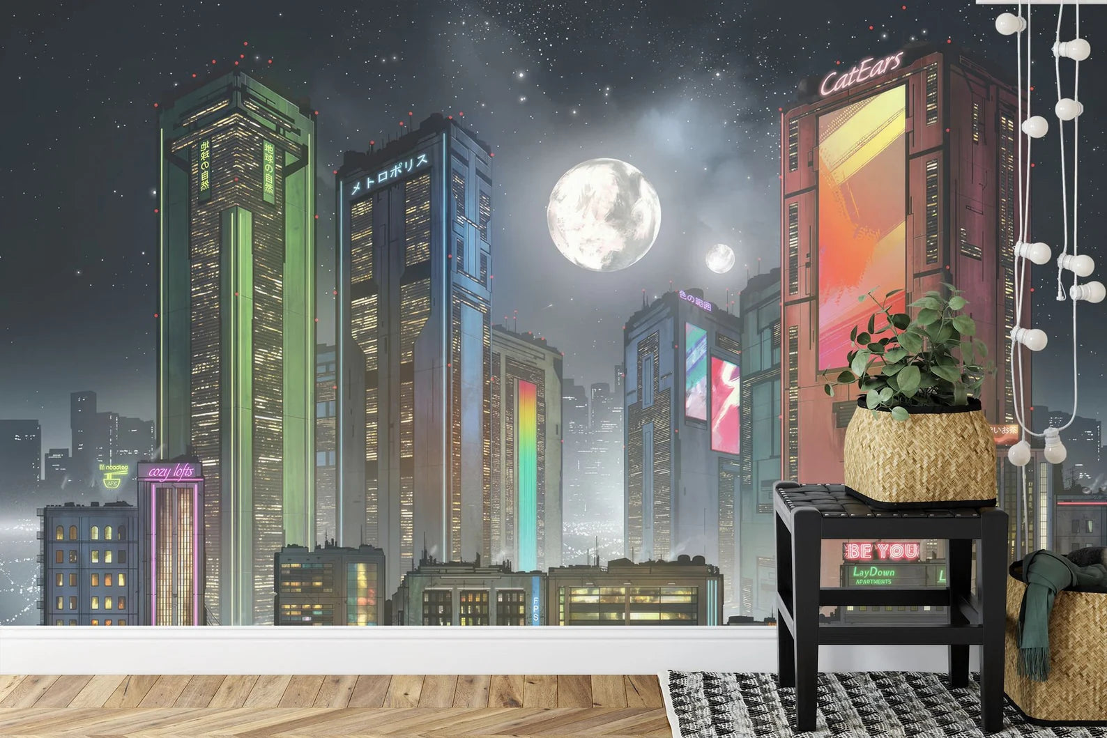 Cyberpunk Cityscape Wallpaper Mural, Futuristic Moon