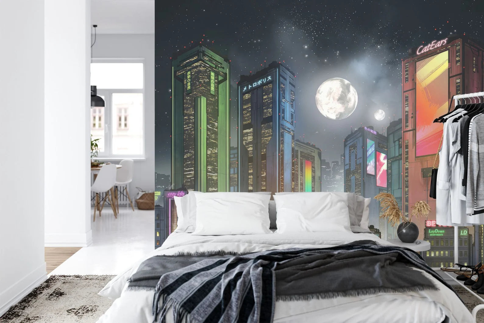 Cyberpunk Cityscape Wallpaper Mural, Futuristic Moon