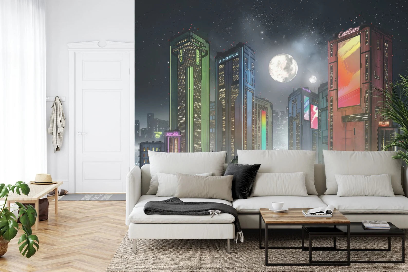 Cyberpunk Cityscape Wallpaper Mural, Futuristic Moon