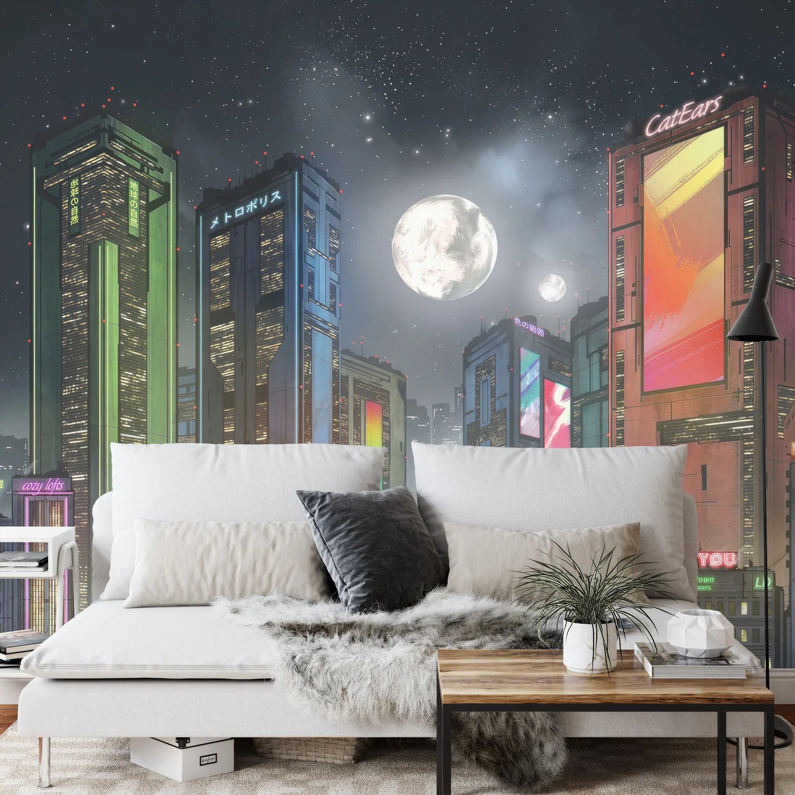 Cyberpunk Cityscape Wallpaper Mural, Futuristic Moon