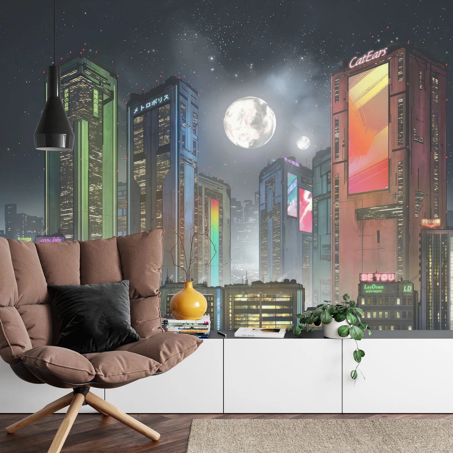 Cyberpunk Cityscape Wallpaper Mural, Futuristic Moon