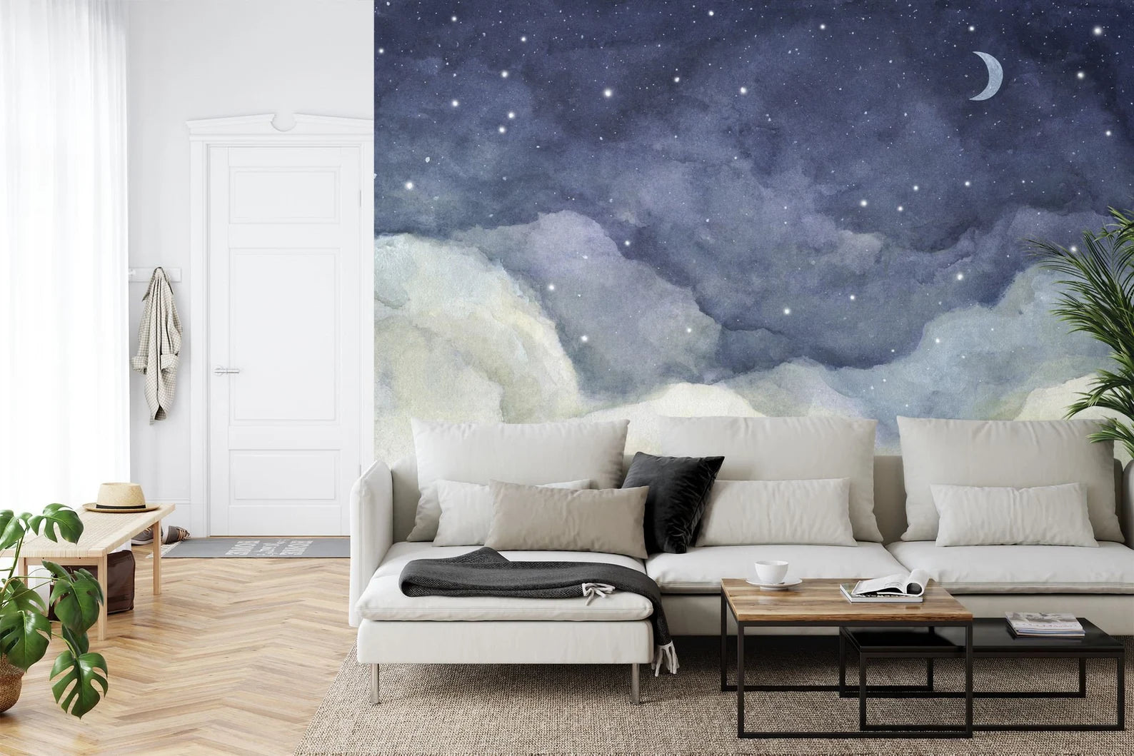 Watercolor Night Sky Mural, Crescent Moon Wallpaper