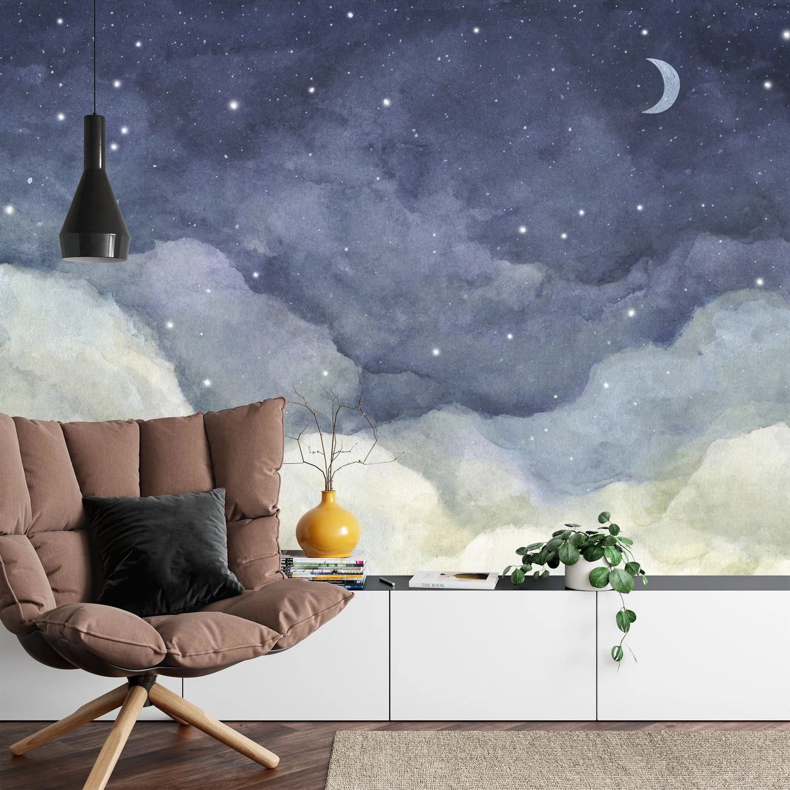 Watercolor Night Sky Mural, Crescent Moon Wallpaper