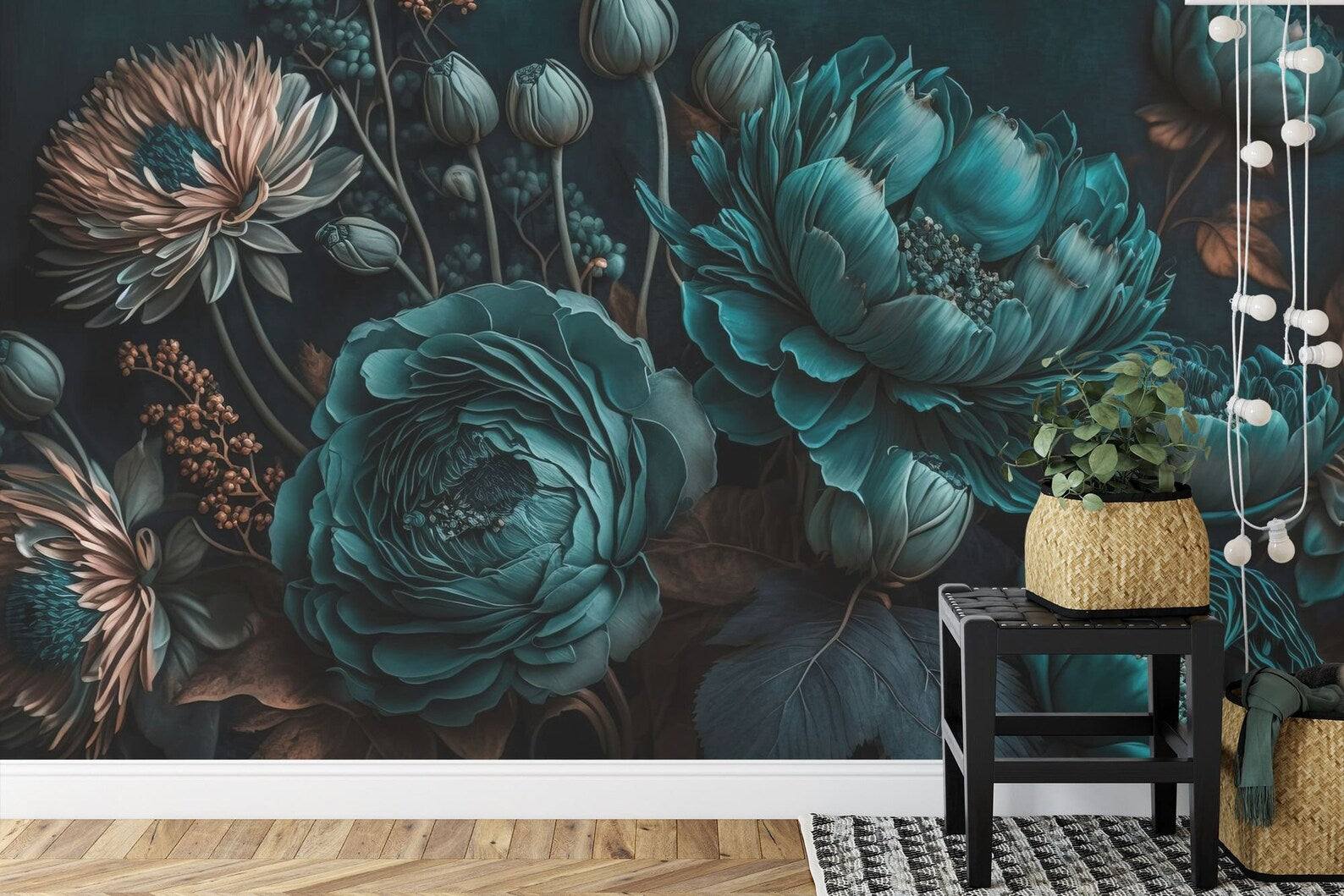 Black Floral Photomural, Blooming Flowers