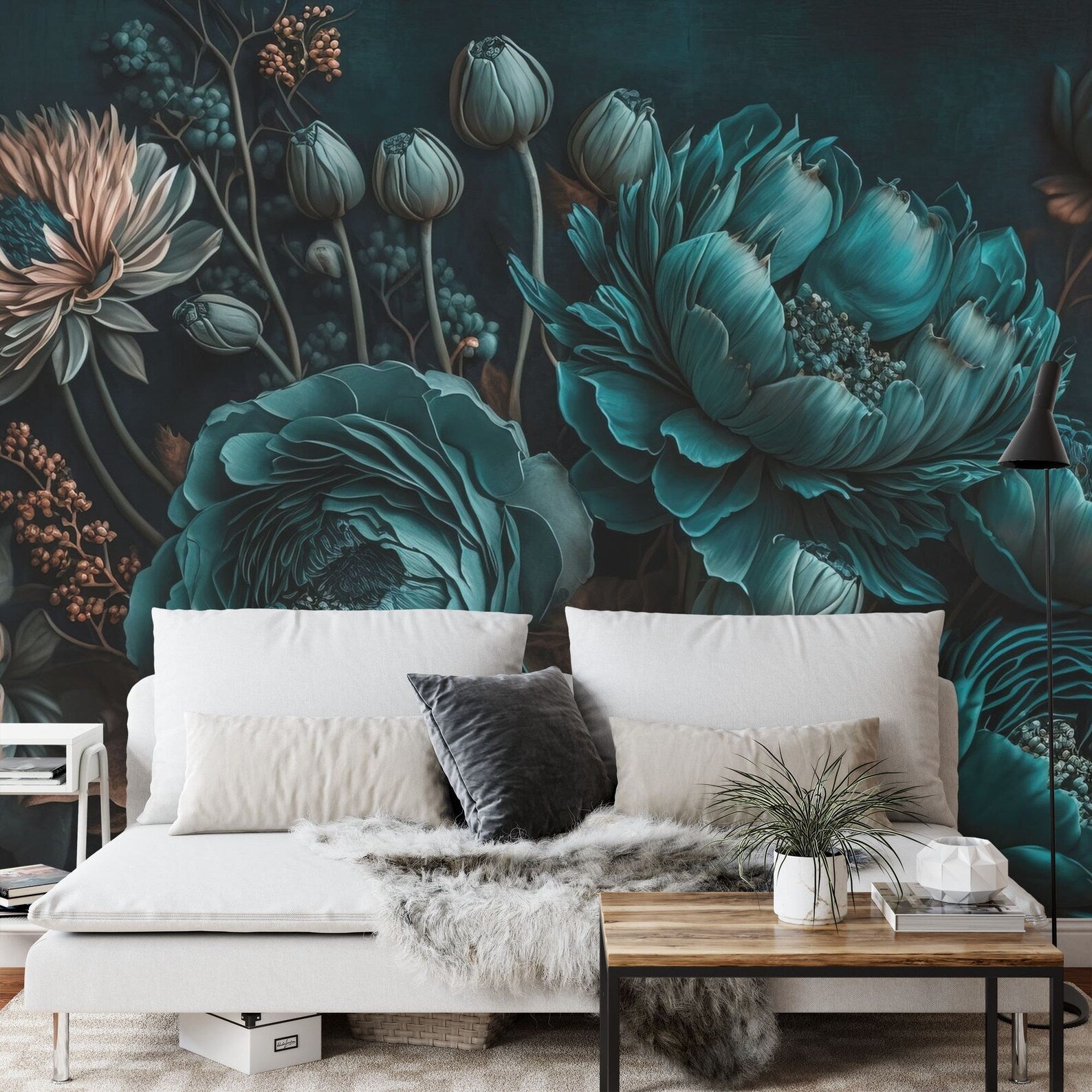 Black Floral Photomural, Blooming Flowers