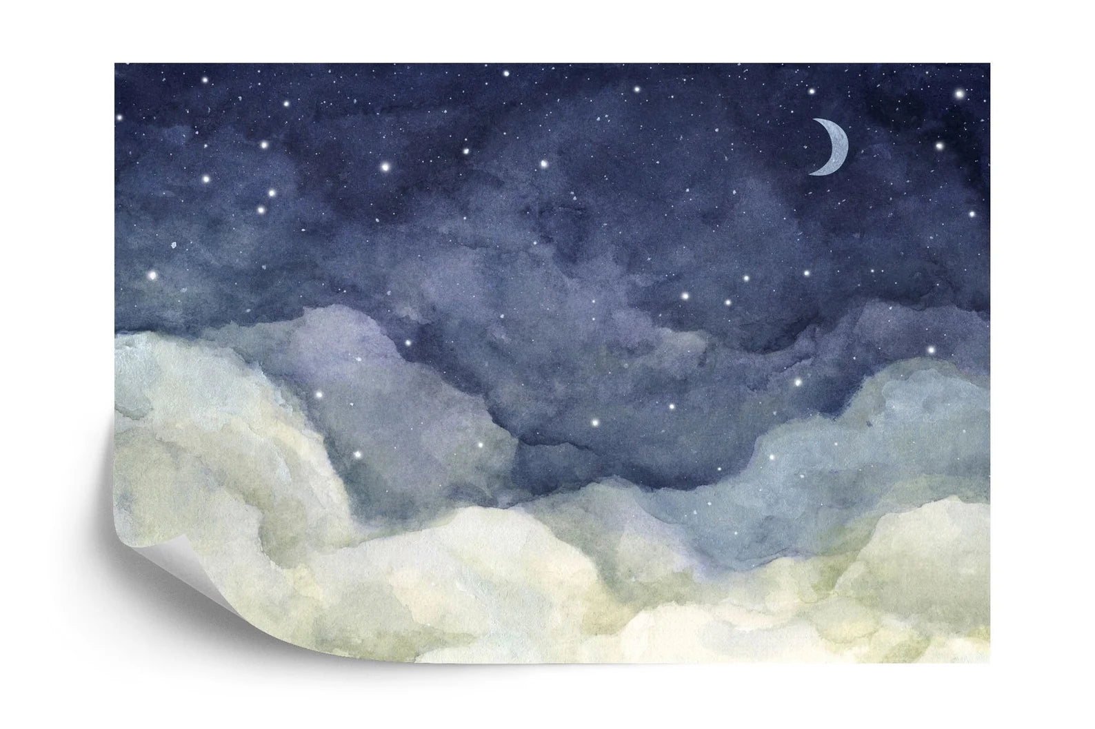 Watercolor Night Sky Mural, Crescent Moon Wallpaper