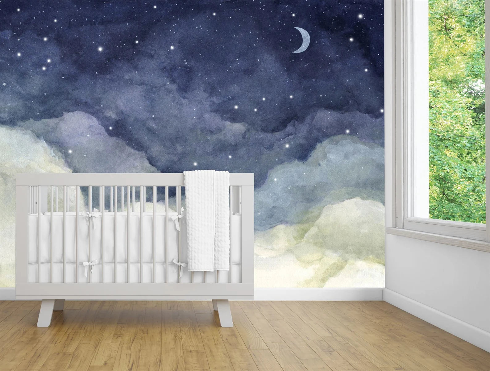 Watercolor Night Sky Mural, Crescent Moon Wallpaper