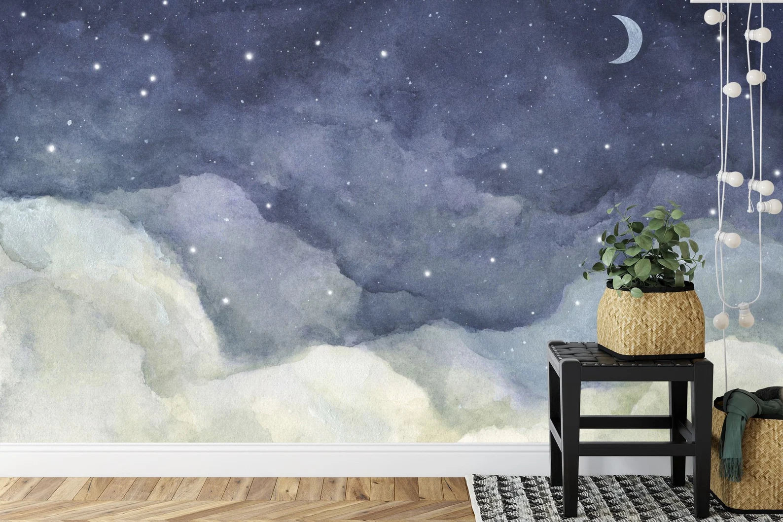 Watercolor Night Sky Mural, Crescent Moon Wallpaper