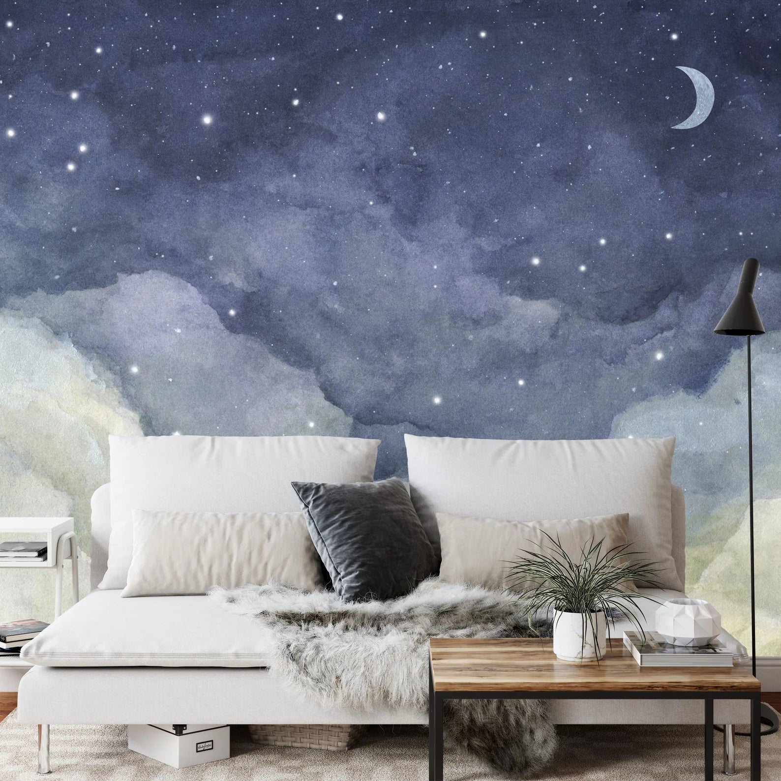 Watercolor Night Sky Mural, Crescent Moon Wallpaper