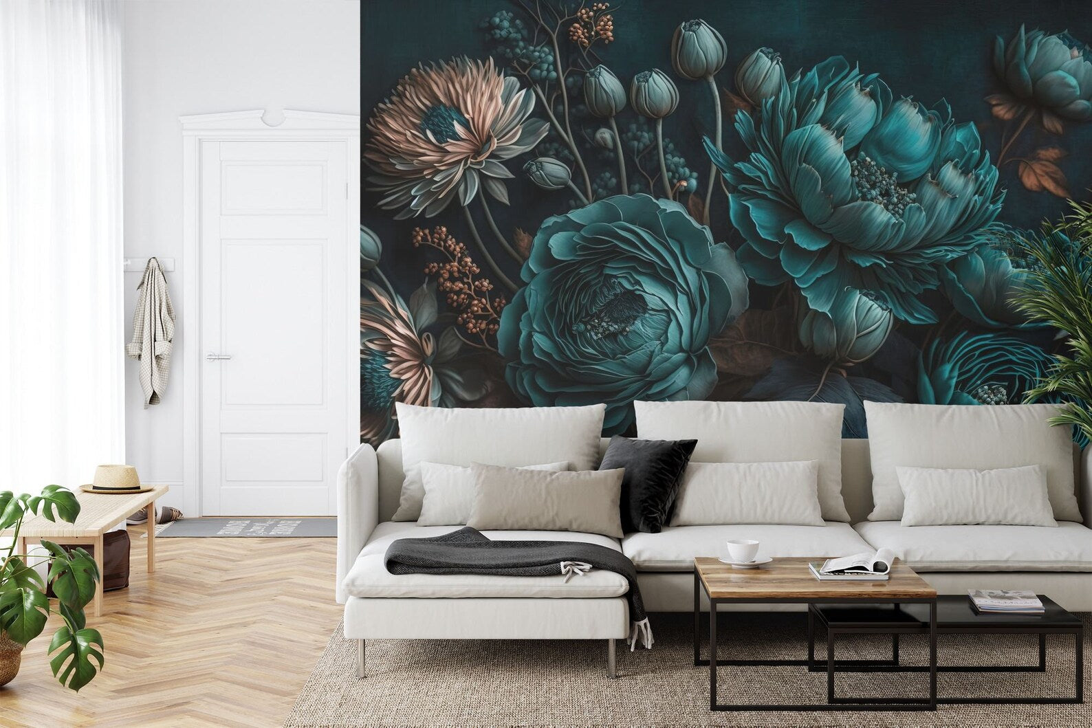 Black Floral Photomural, Blooming Flowers