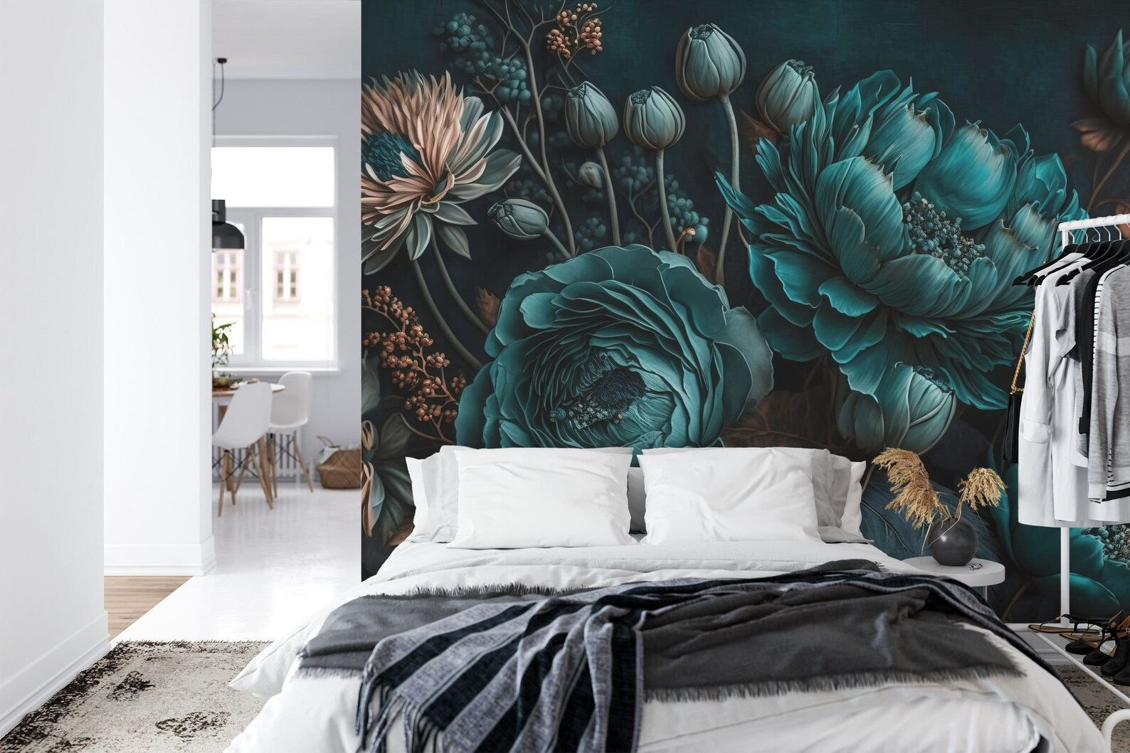Black Floral Photomural, Blooming Flowers