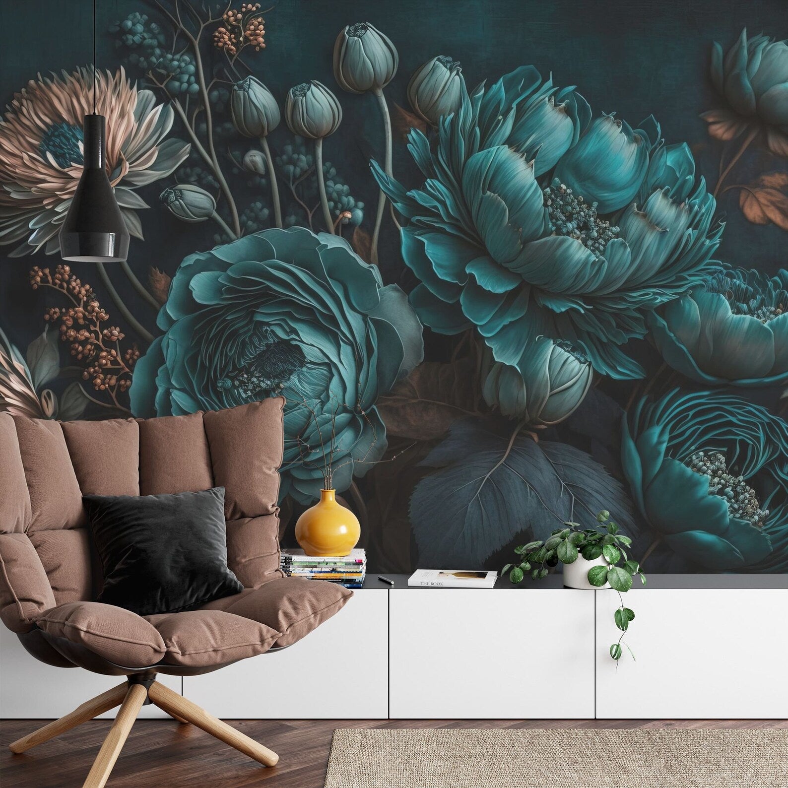 Black Floral Photomural, Blooming Flowers