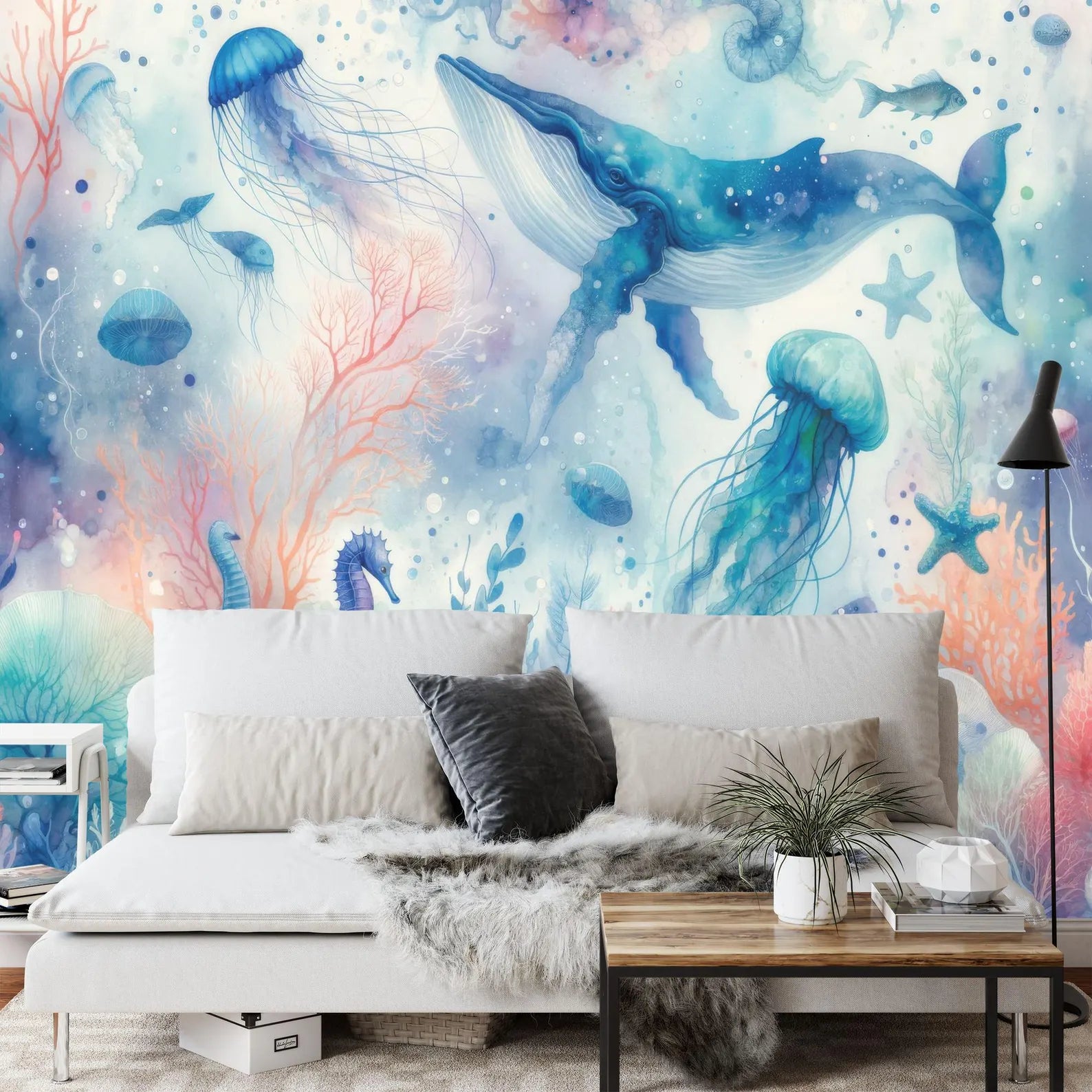 Underwater Whale Nursery Wallpaper | Ocean Moon Stars
