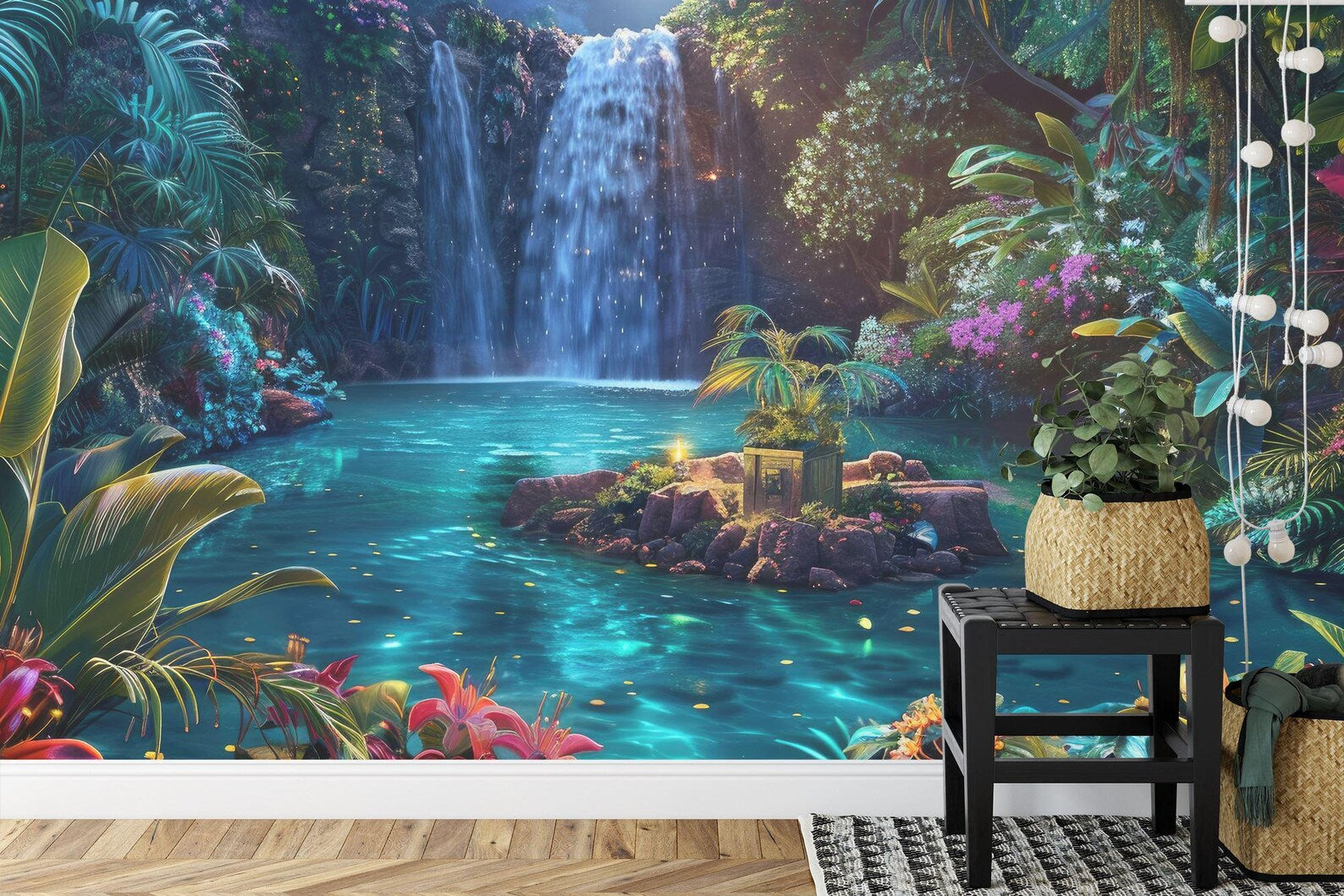 Fantasy Forest Wallpaper Mural, Glowing Trees, Flowers