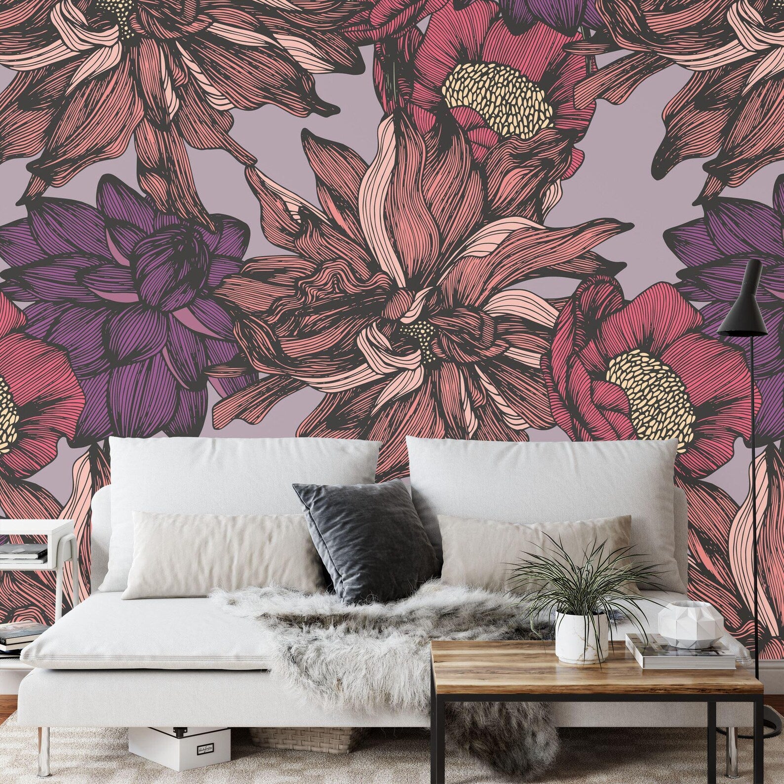 Floral Photomural Wallpaper, Hand-Drawing Flower Pattern