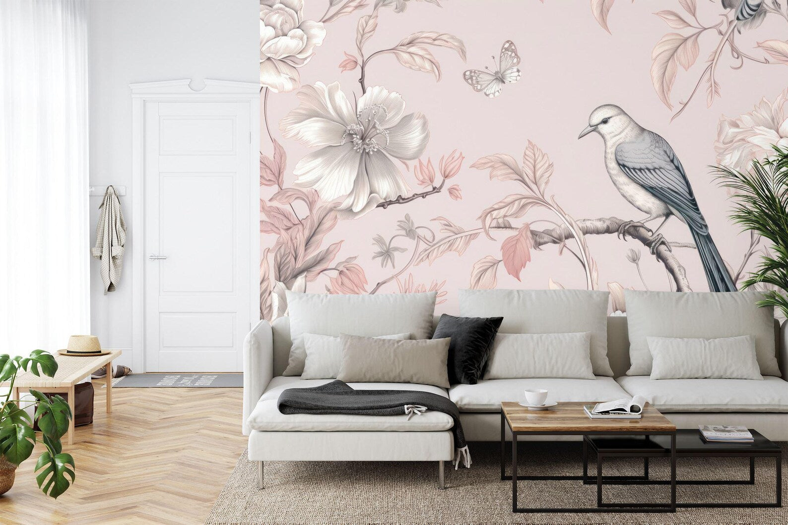 Vintage Chinoiserie Wallpaper Mural: Bird, Flower, Butterfly