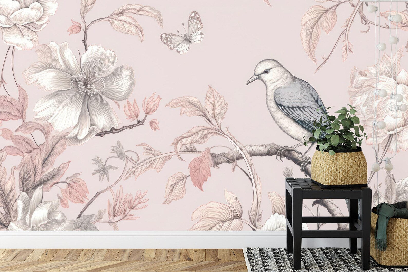 Vintage Chinoiserie Wallpaper Mural: Bird, Flower, Butterfly