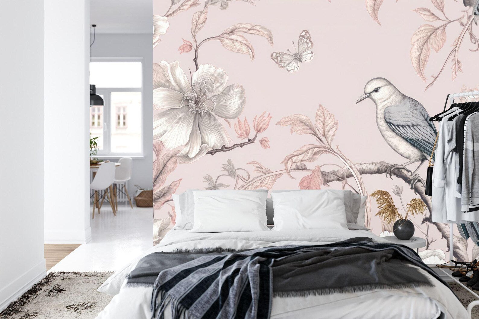 Vintage Chinoiserie Wallpaper Mural: Bird, Flower, Butterfly