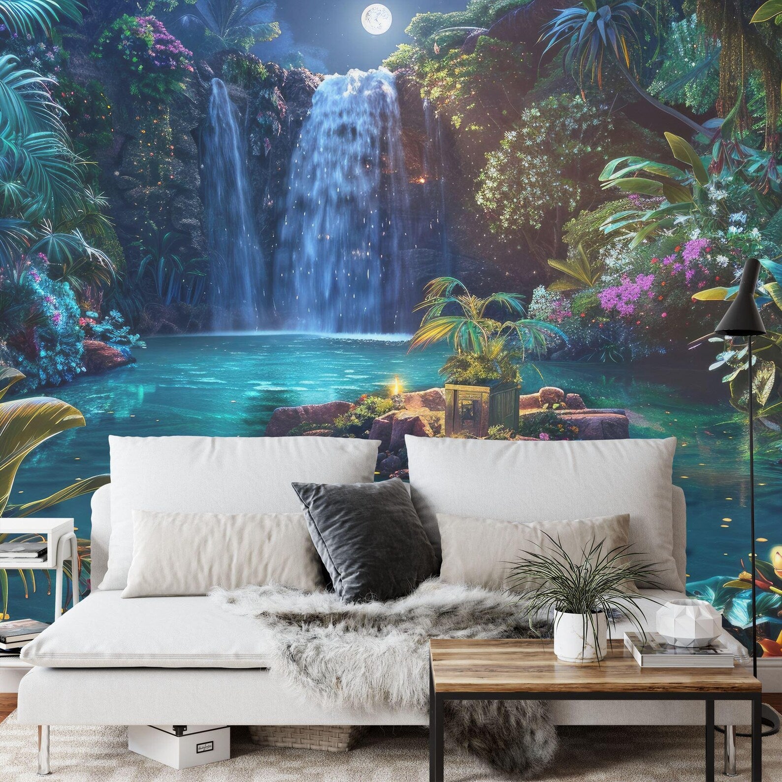 Fantasy Forest Wallpaper Mural, Glowing Trees, Flowers