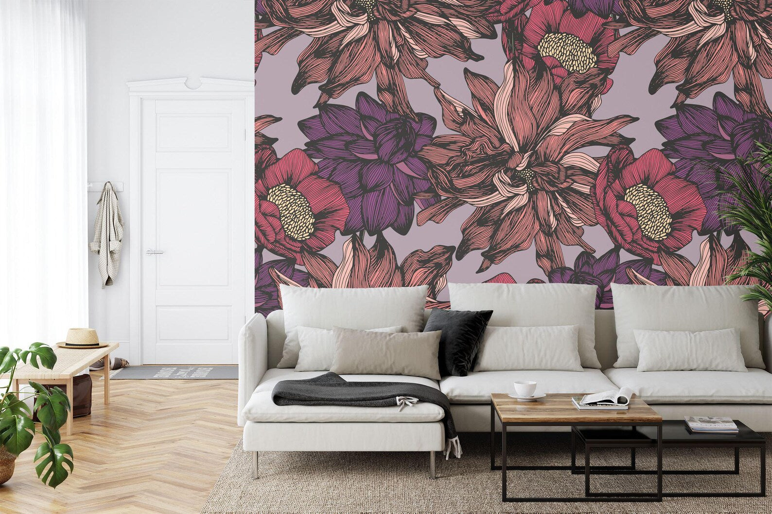 Floral Photomural Wallpaper, Hand-Drawing Flower Pattern