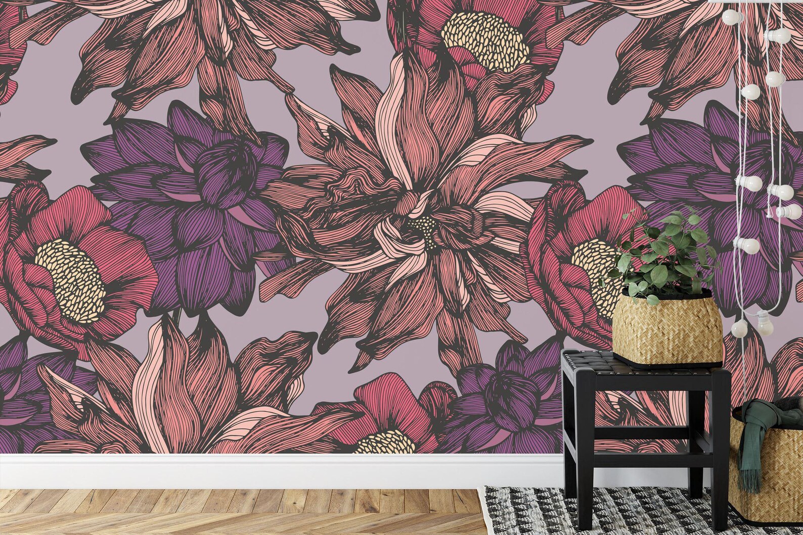 Floral Photomural Wallpaper, Hand-Drawing Flower Pattern