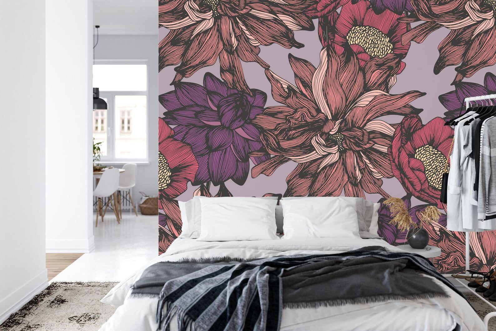 Floral Photomural Wallpaper, Hand-Drawing Flower Pattern