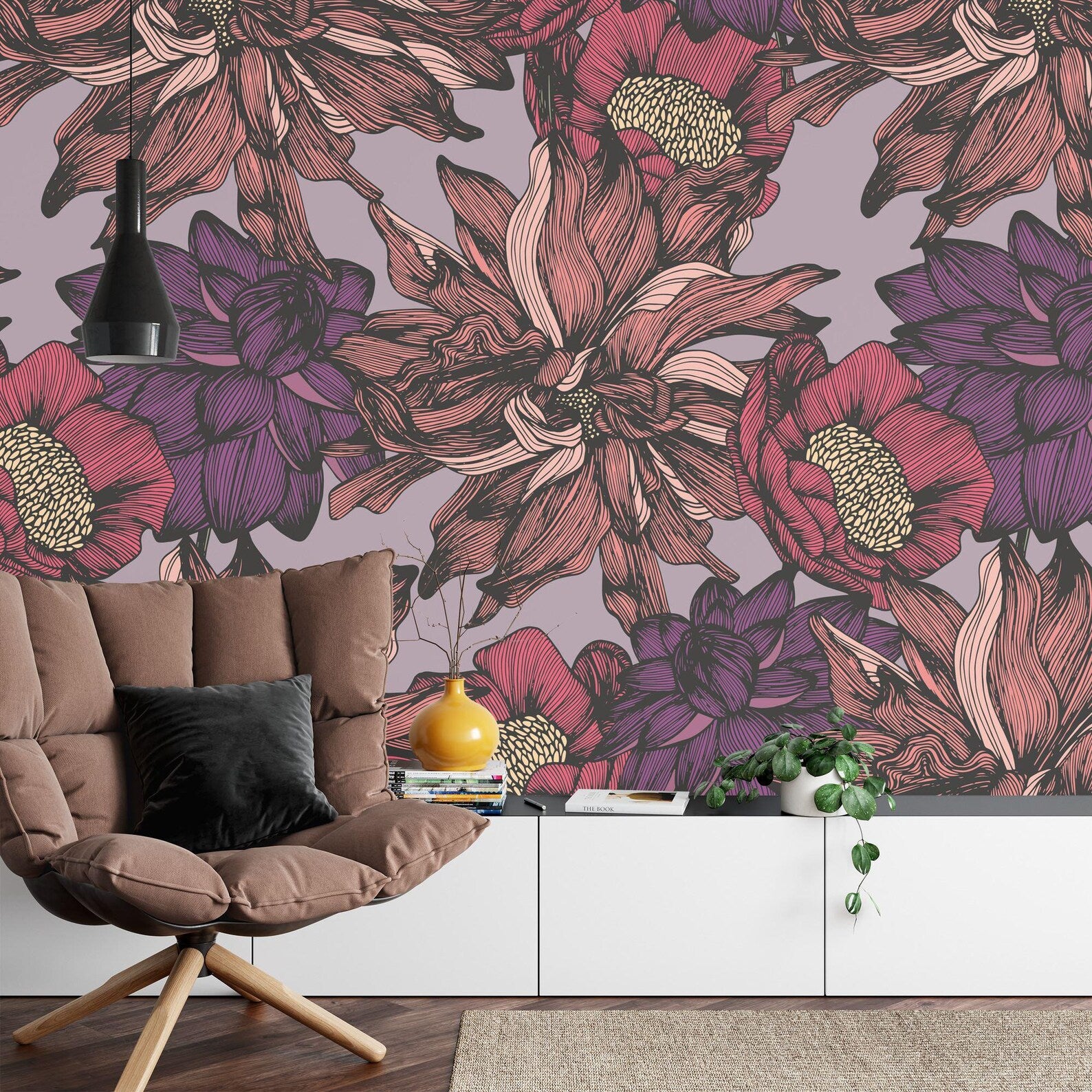 Floral Photomural Wallpaper, Hand-Drawing Flower Pattern
