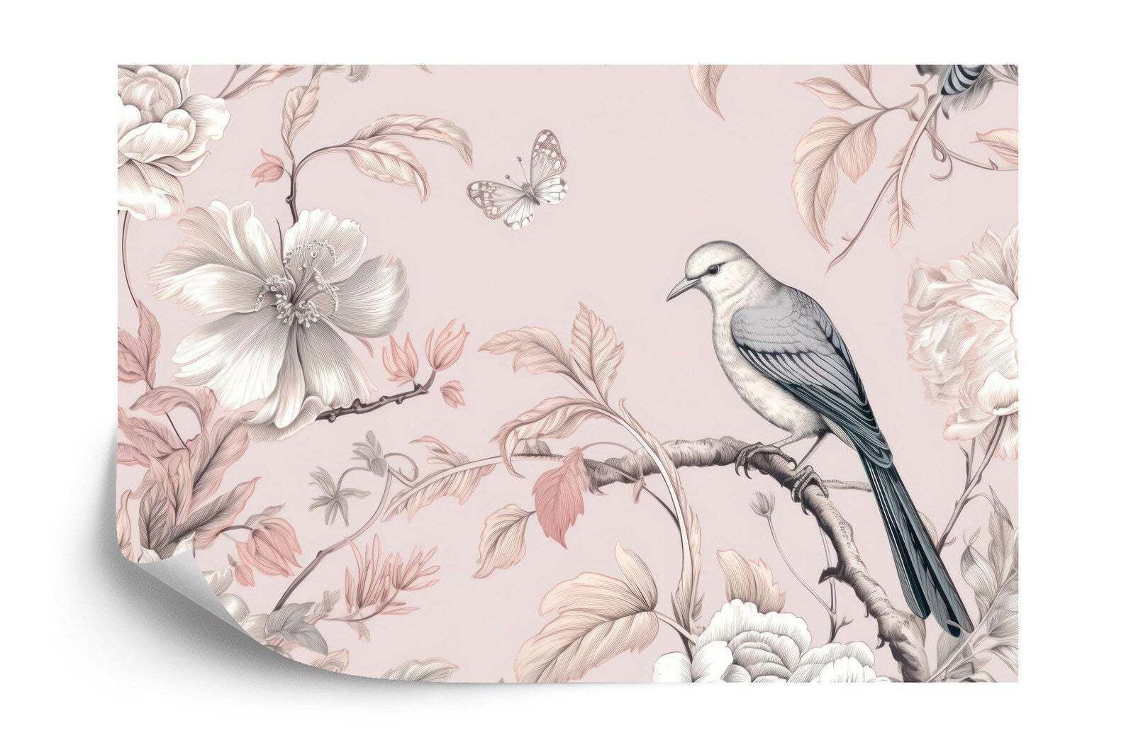 Vintage Chinoiserie Wallpaper Mural: Bird, Flower, Butterfly