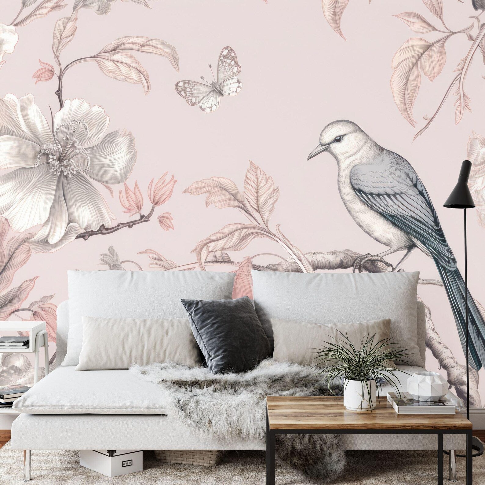 Vintage Chinoiserie Wallpaper Mural: Bird, Flower, Butterfly