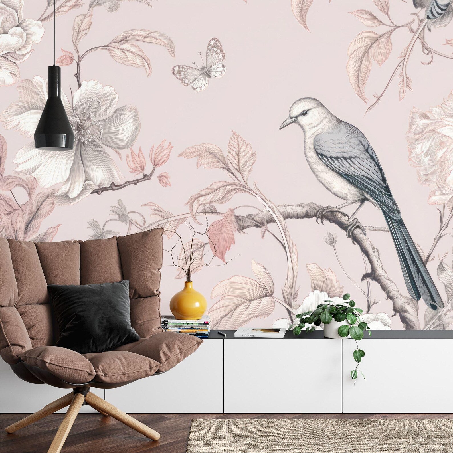 Vintage Chinoiserie Wallpaper Mural: Bird, Flower, Butterfly
