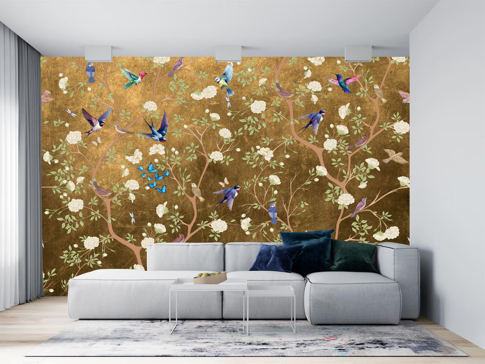 Chinoiserie Wallpaper Mural: Vintage Flowers, Birds