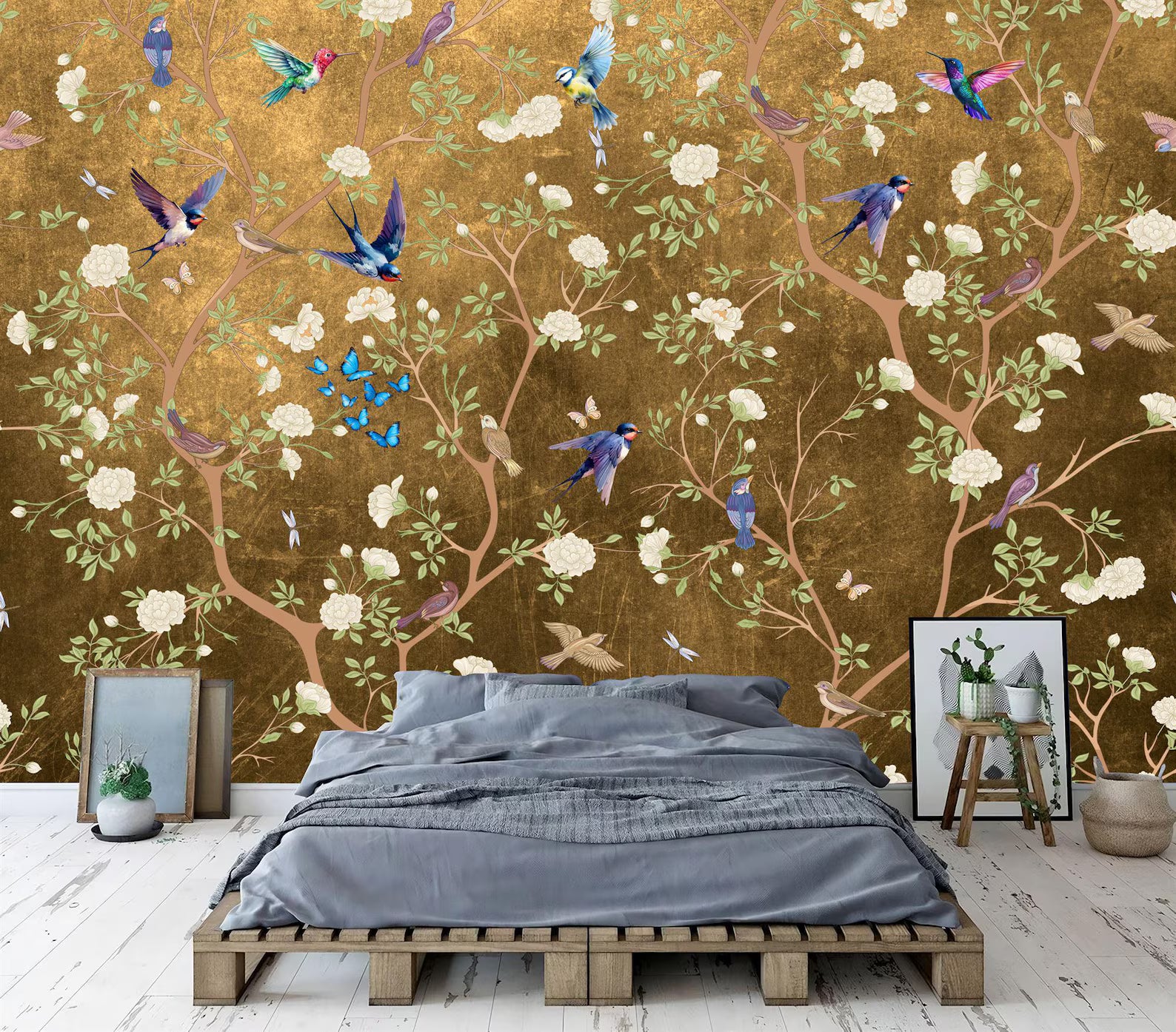 Chinoiserie Wallpaper Mural: Vintage Flowers, Birds