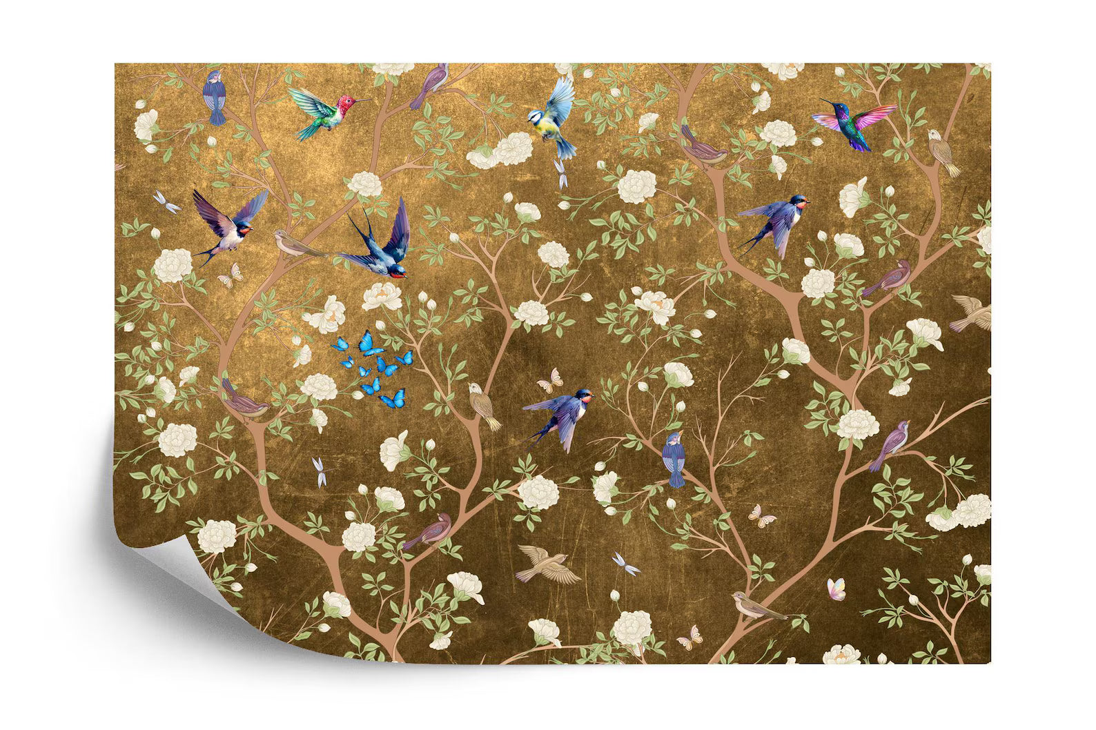 Chinoiserie Wallpaper Mural: Vintage Flowers, Birds