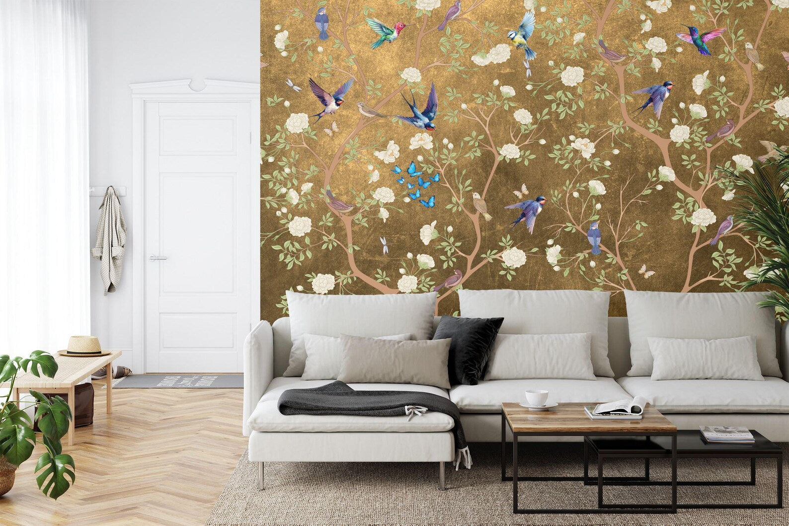 Chinoiserie Wallpaper Mural: Vintage Flowers, Birds