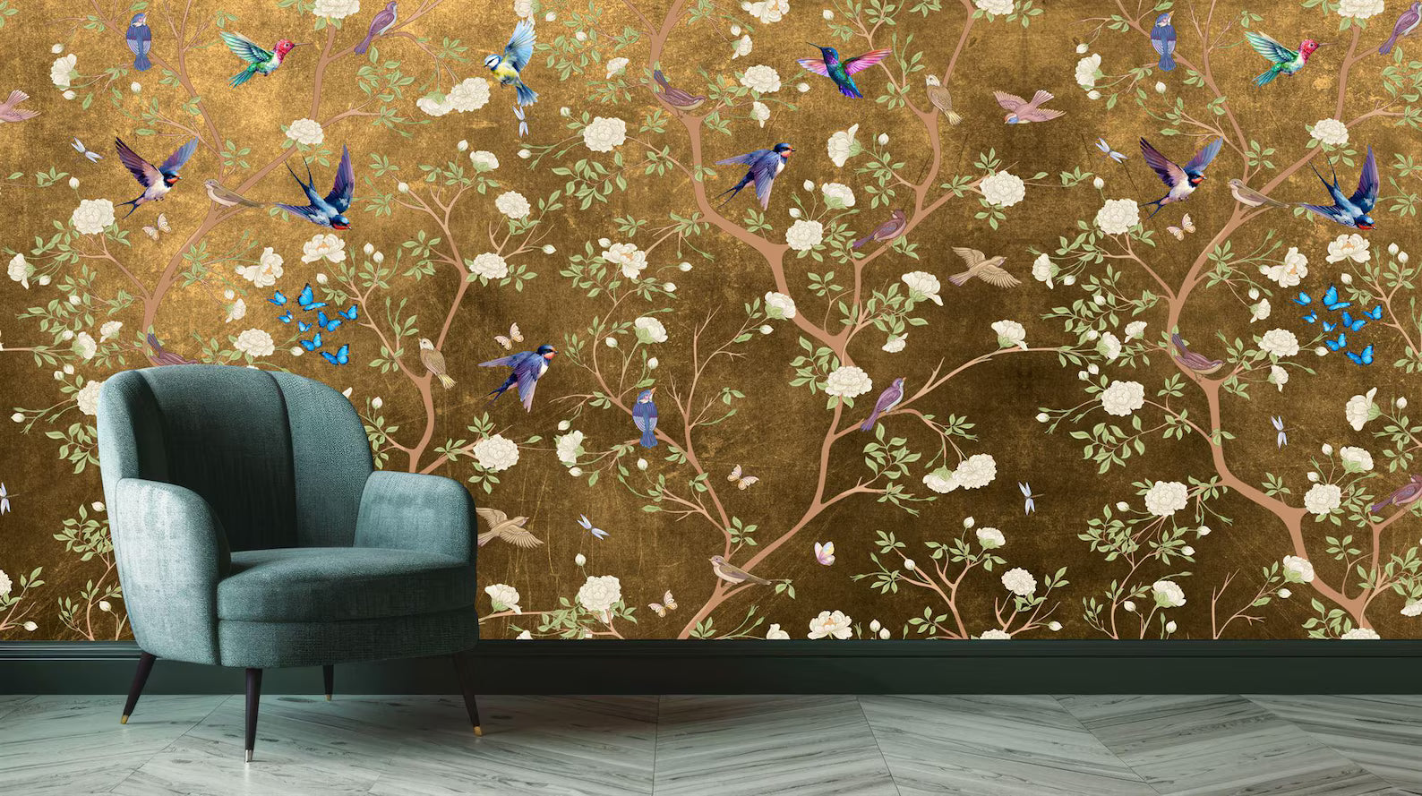 Chinoiserie Wallpaper Mural: Vintage Flowers, Birds