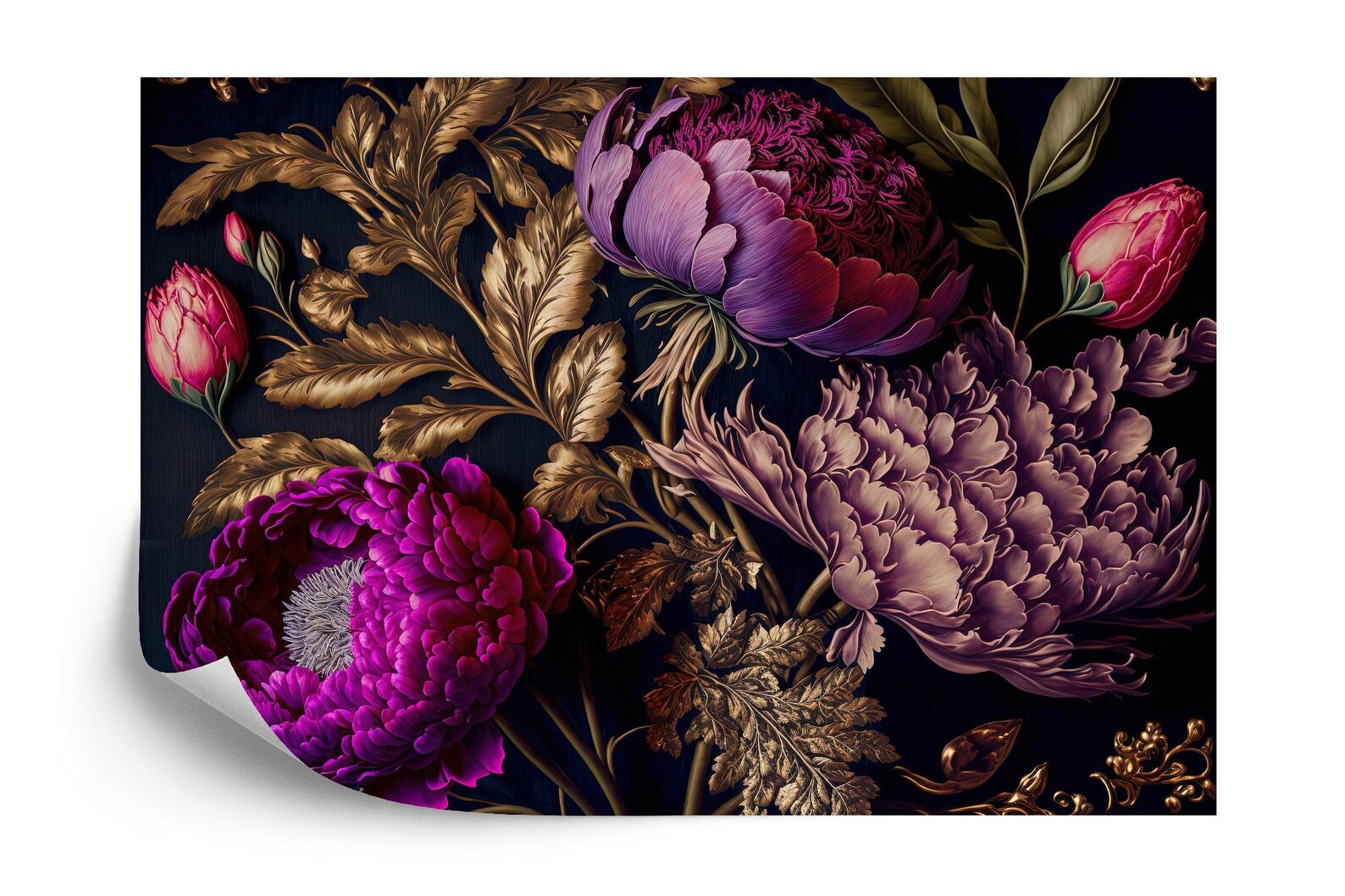 Baroque Peony Wallpaper Mural, Rich Deep Colors, Art Print
