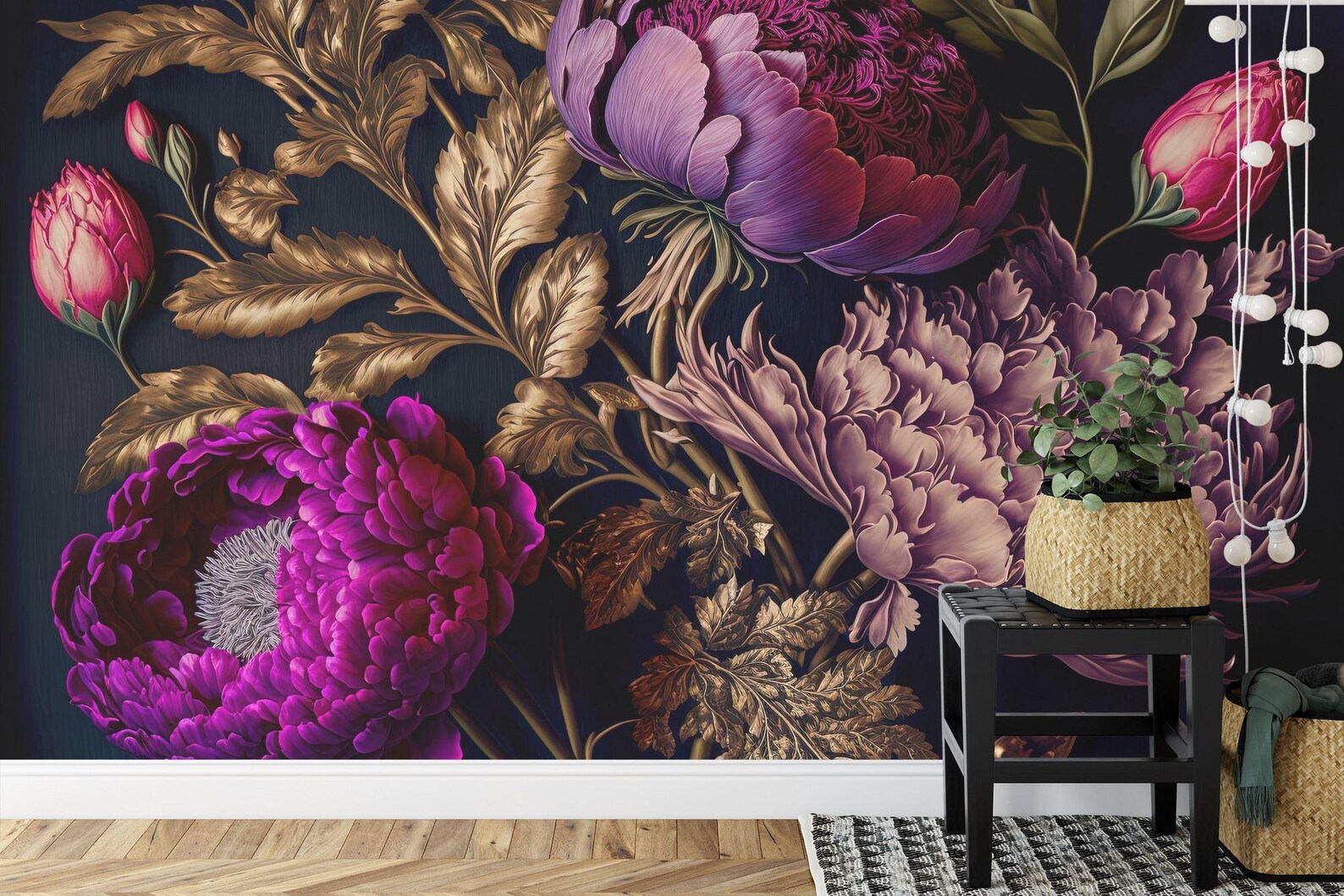 Baroque Peony Wallpaper Mural, Rich Deep Colors, Art Print