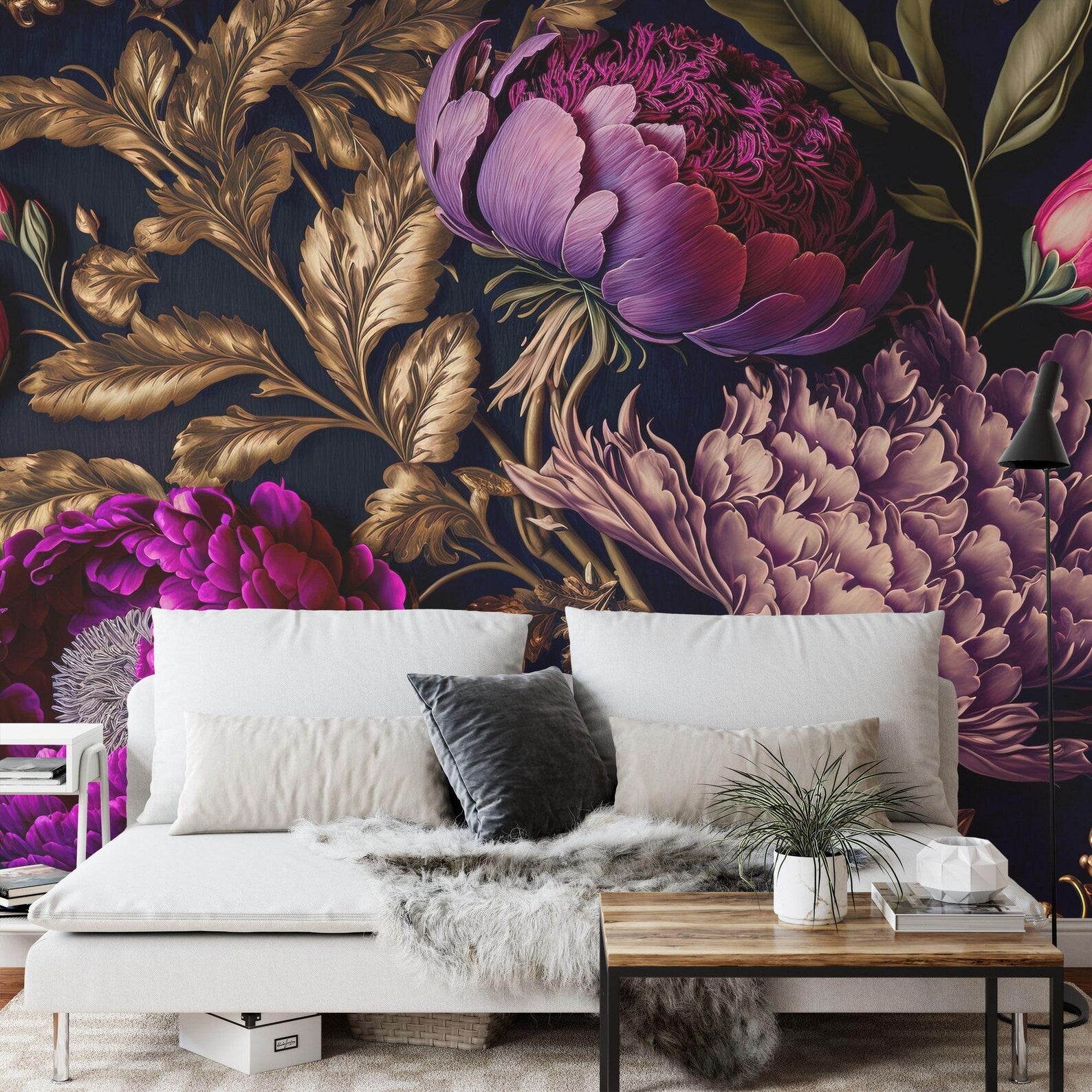 Baroque Peony Wallpaper Mural, Rich Deep Colors, Art Print