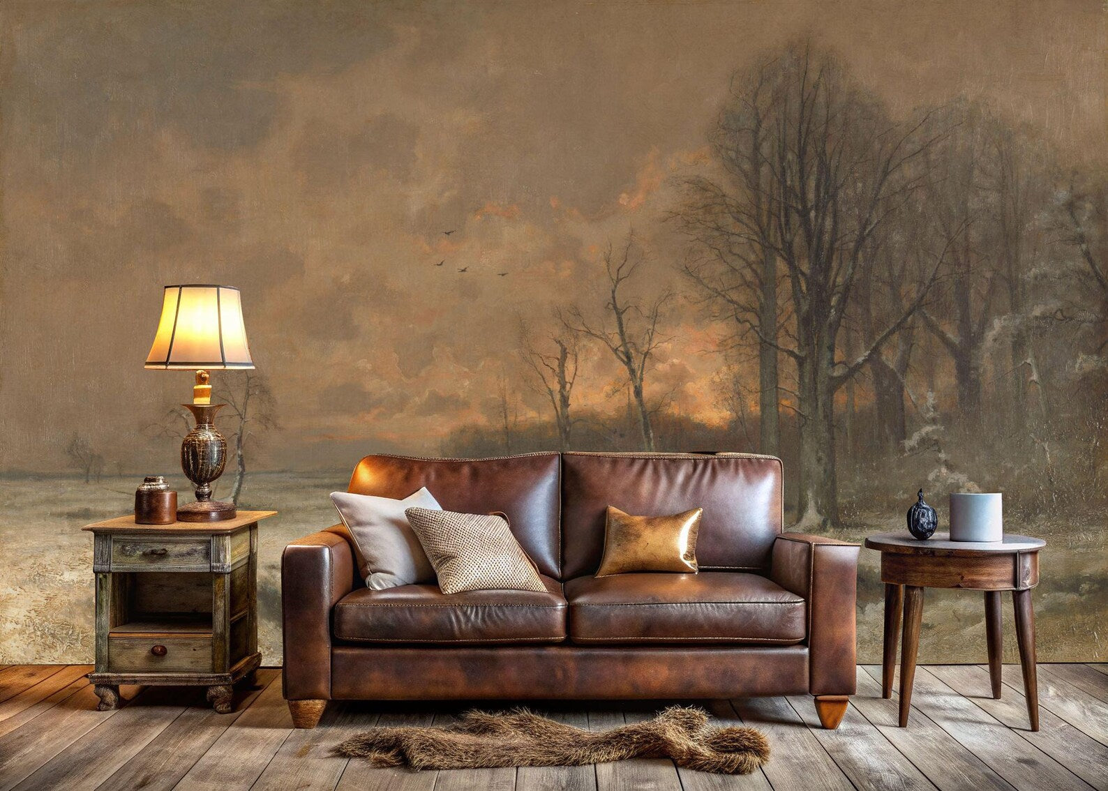 Wallpaper, Winter Landscape Painting Wall Mural, Easy-Install